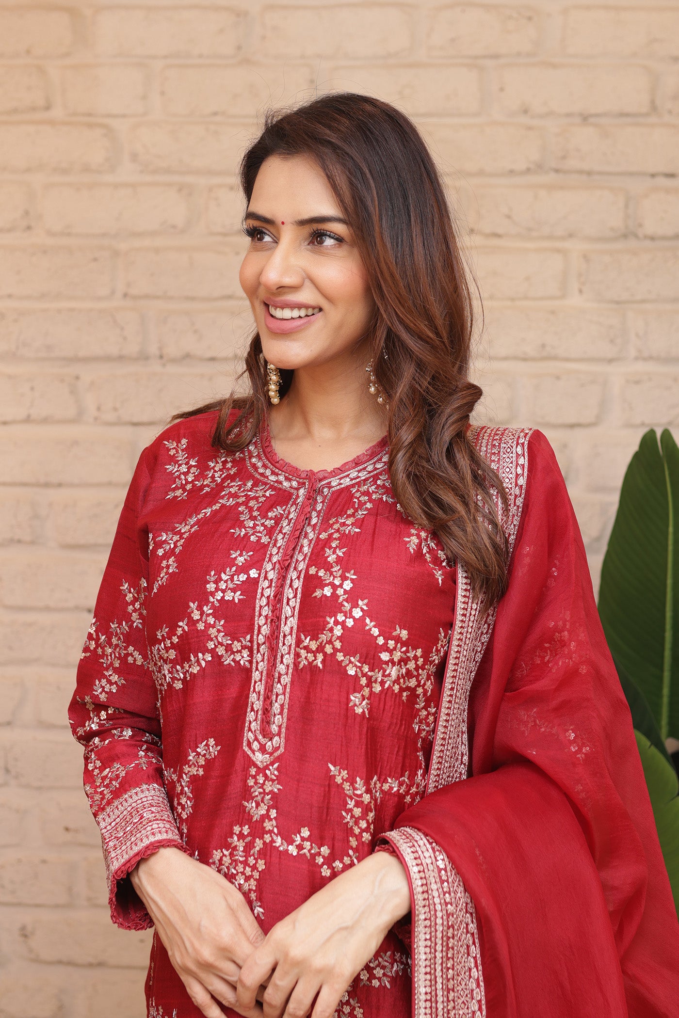 Hand-Embroidered Maroon Pure Muga-Silk Kurta-Pants Set