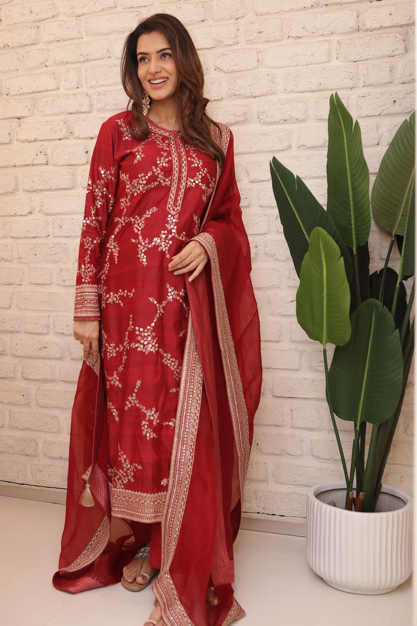 Hand-Embroidered Maroon Pure Muga-Silk Kurta-Pants Set