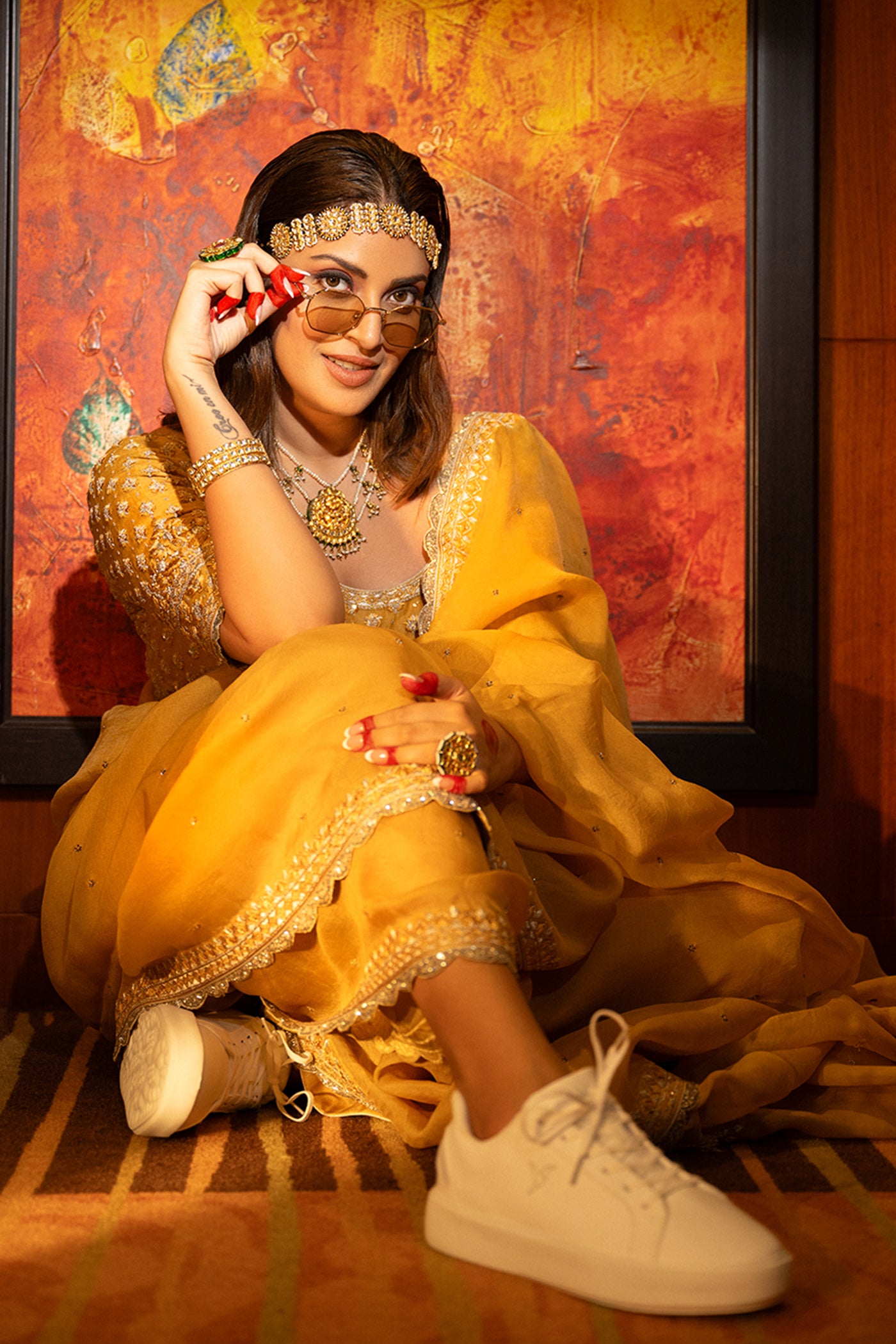 Hand-Embroidered Mango Gold-Yellow Saree-Blouse Set