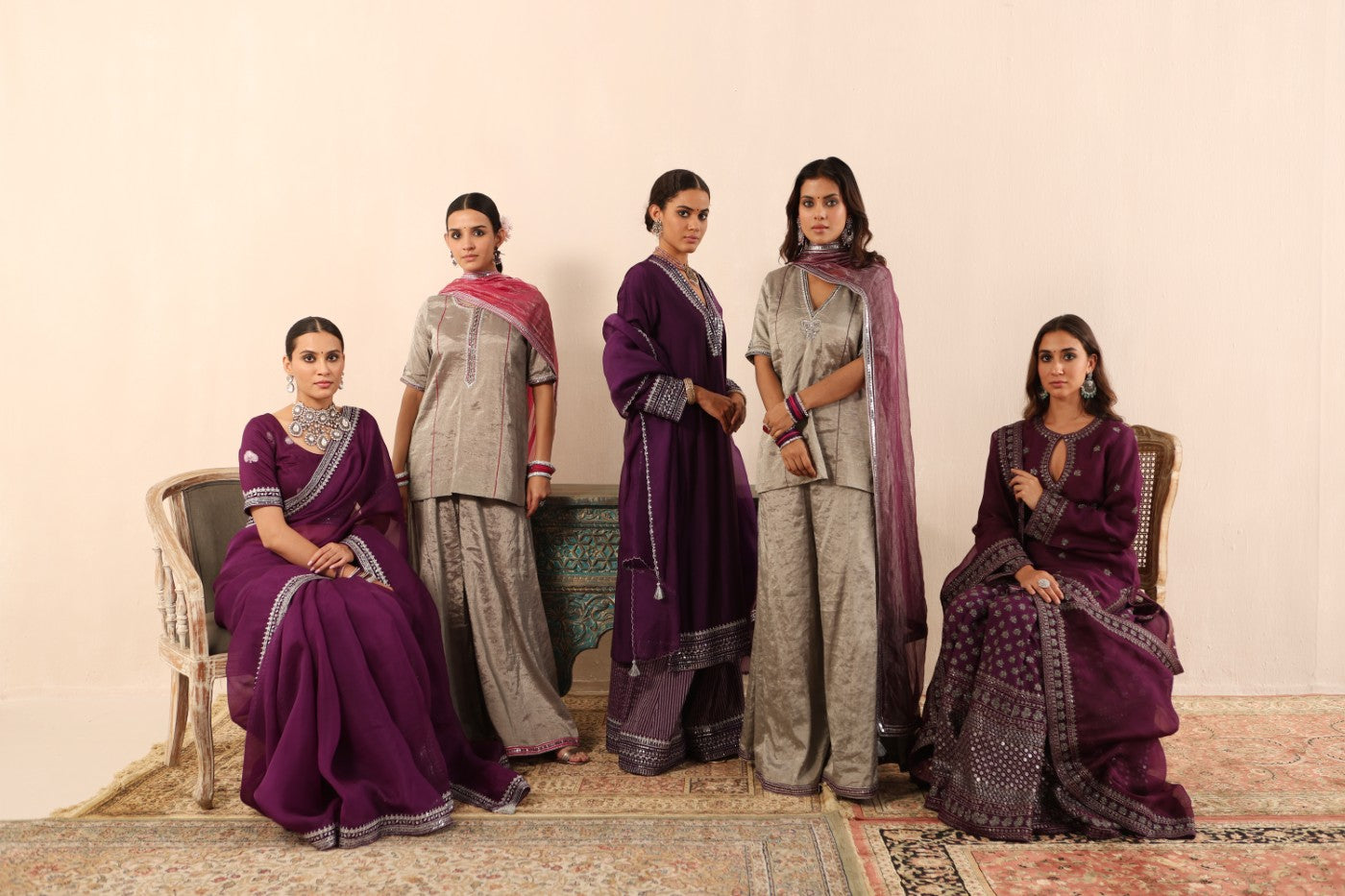 A Silver Handloom Pure Metallic-Silk (Silver Tissue) Hand-Embroidered Short-Kurta-Sharara Set With Purple Pure Kota-Silk Dupatta