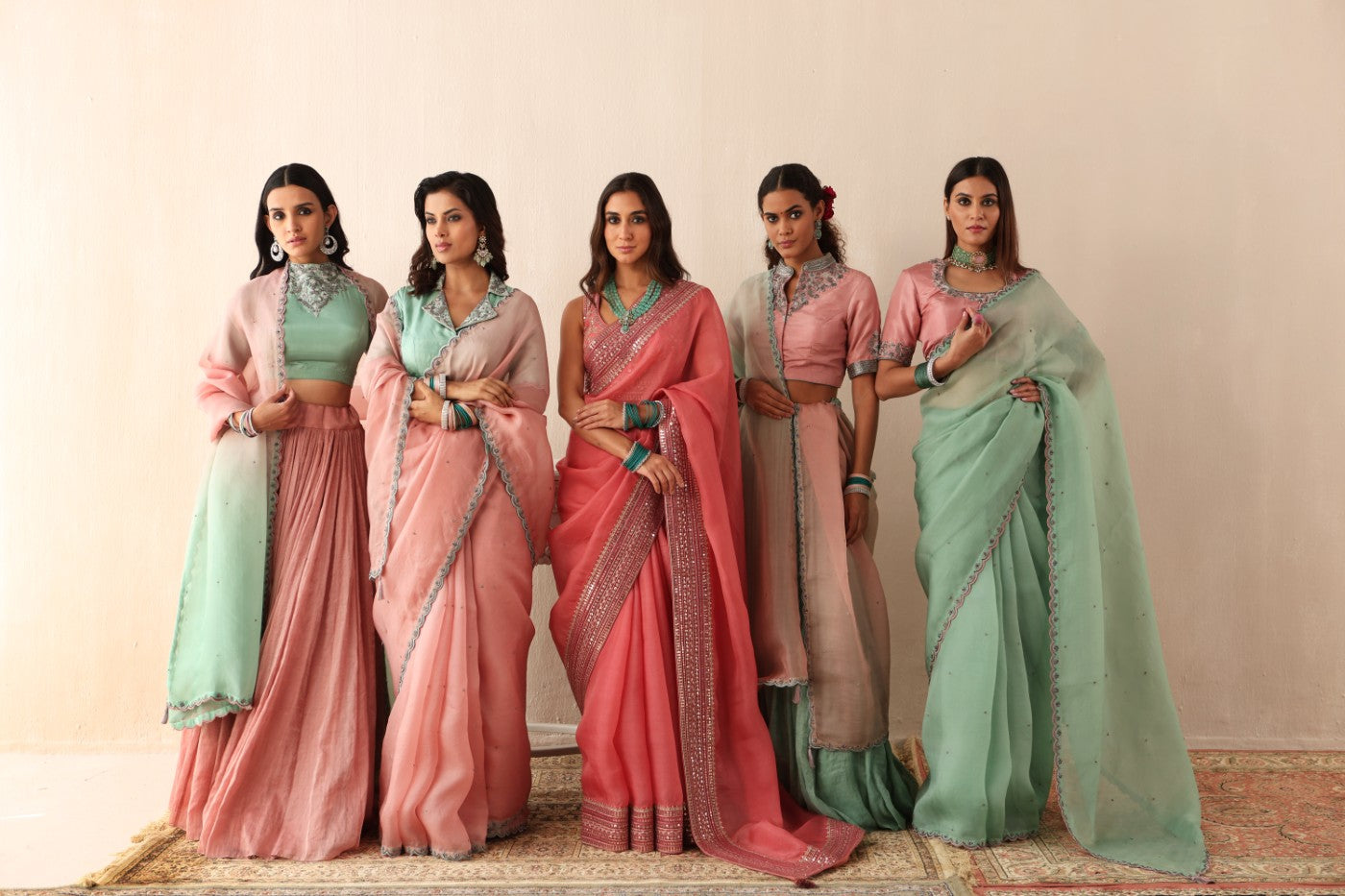 BLOSSOM-PINK HAND-EMBROIDERED PURE SILK-ORGANZA SAREE WITH FERN-GREEN PURE CREPE-SILK BLOUSE SET