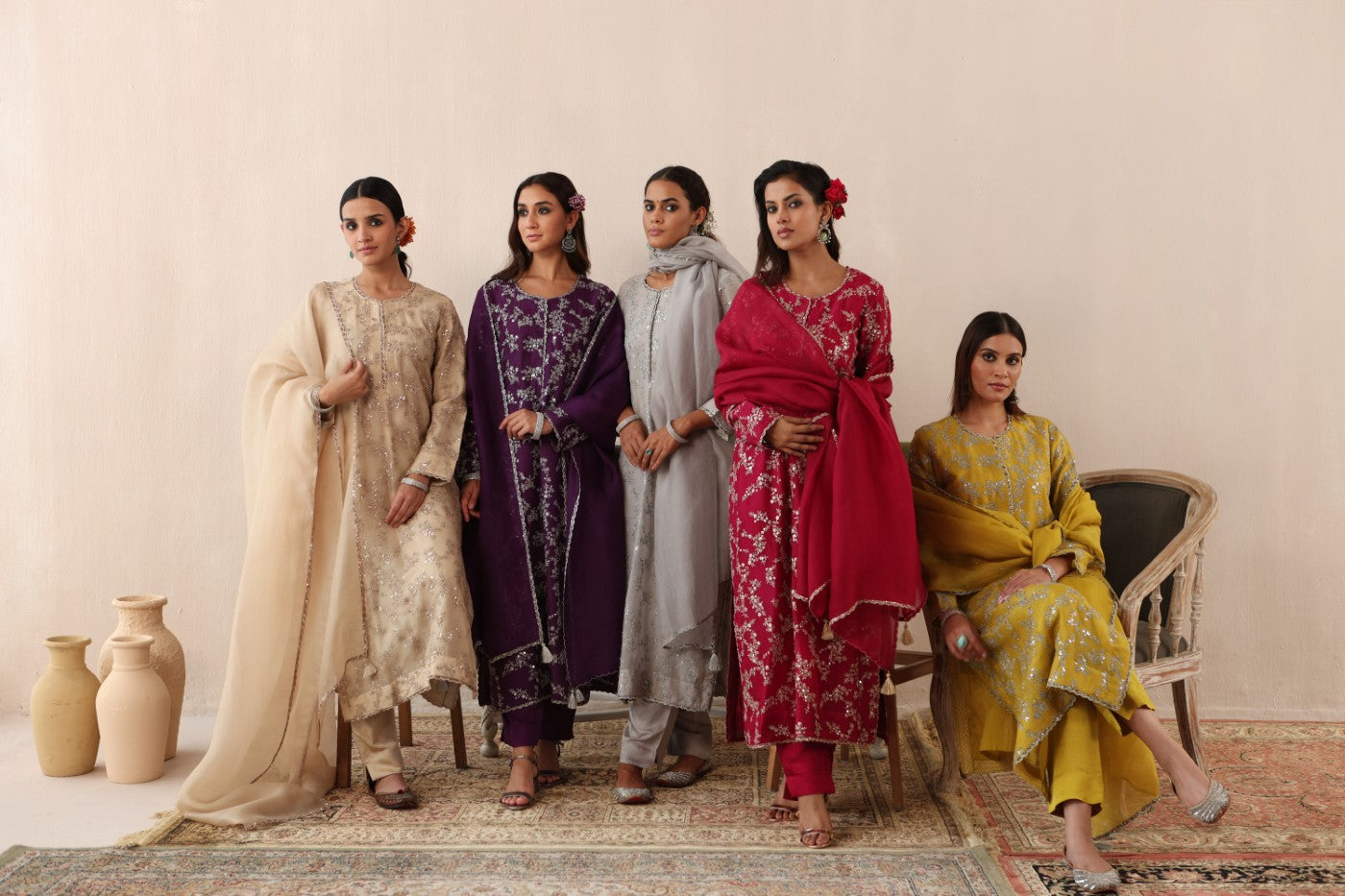 Ivory-Cream Hand-Embroidered Pure Silk-Organza Kurta-Pants Set