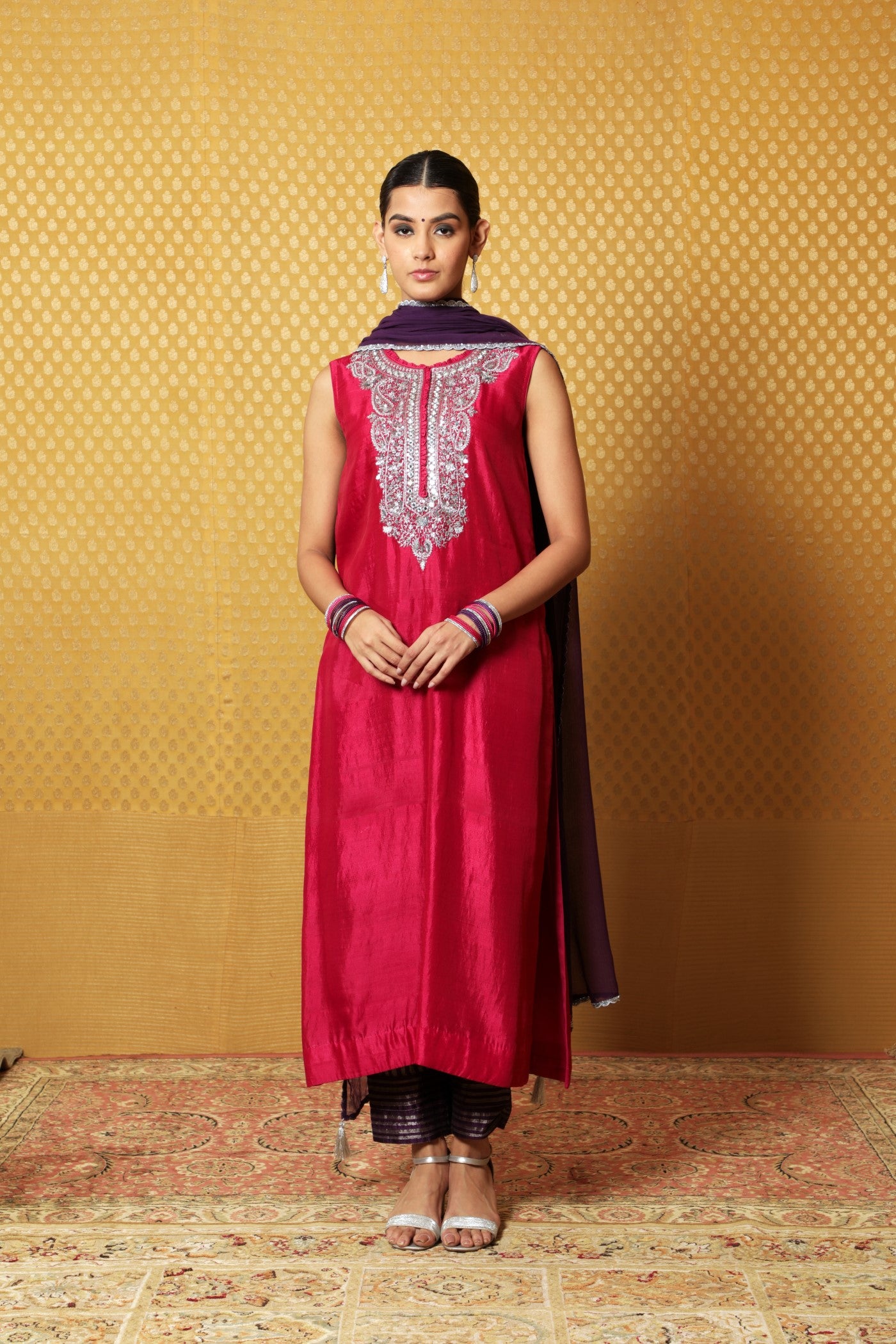 Jazzy-Pink Hand-Embroidered Pure Silk Sleeveless Kurta-Pants Set