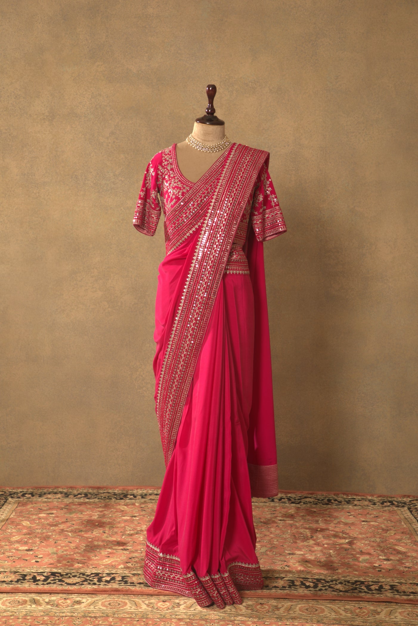 Rani-Pink Embroidered Pure Crepe-Silk Saree-Blouse Set