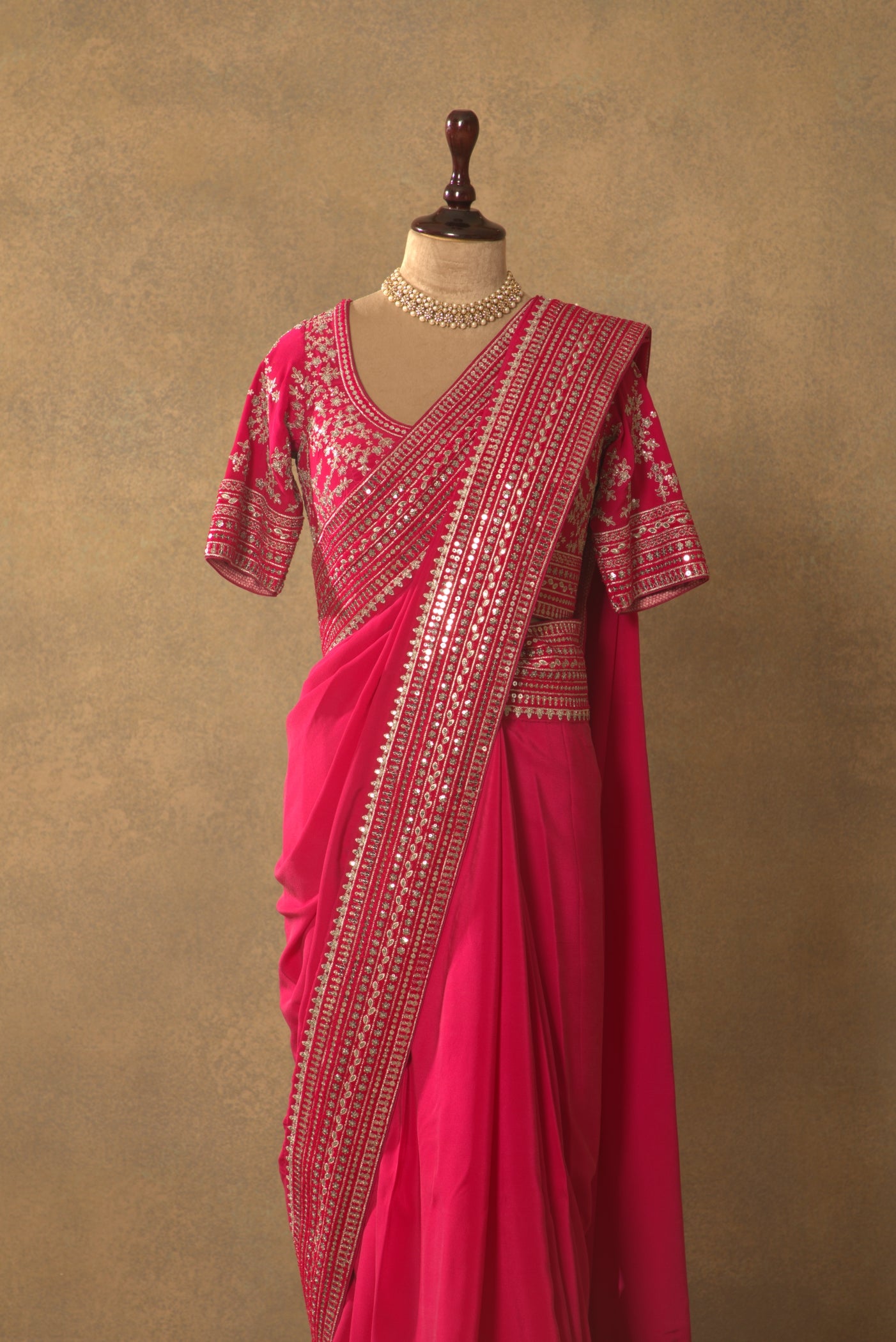 Rani-Pink Embroidered Pure Crepe-Silk Saree-Blouse Set