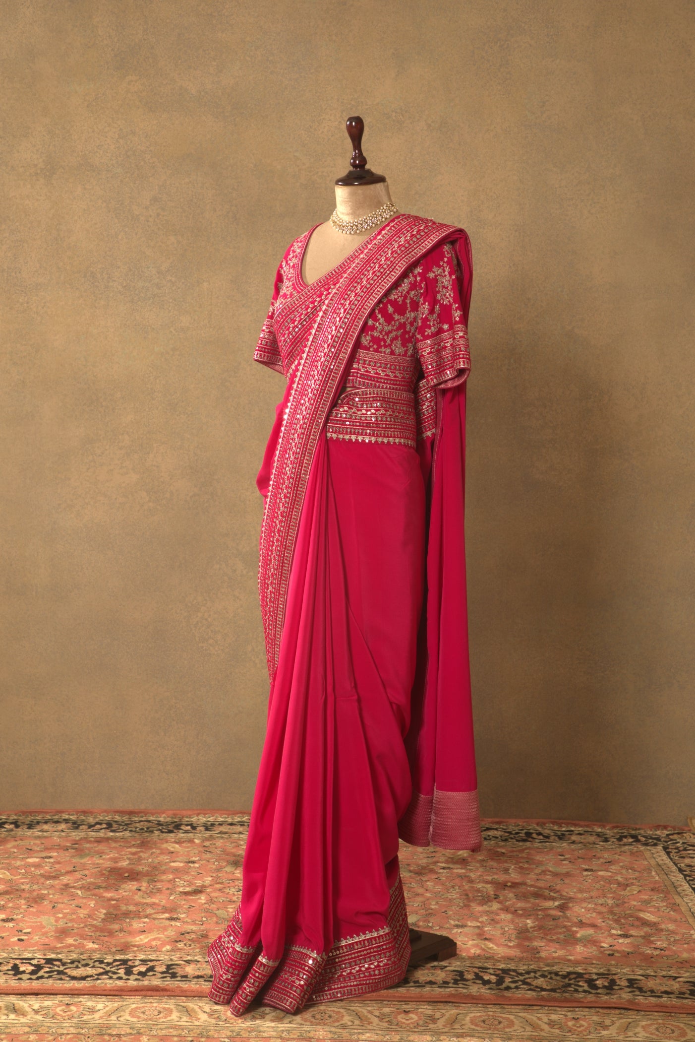 Rani-Pink Embroidered Pure Crepe-Silk Saree-Blouse Set