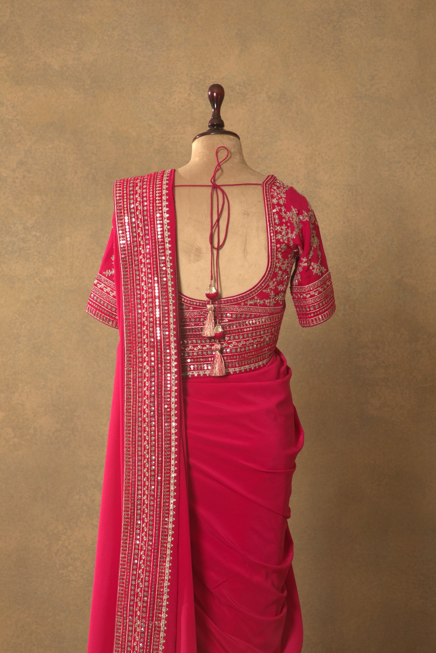 Rani-Pink Embroidered Pure Crepe-Silk Saree-Blouse Set