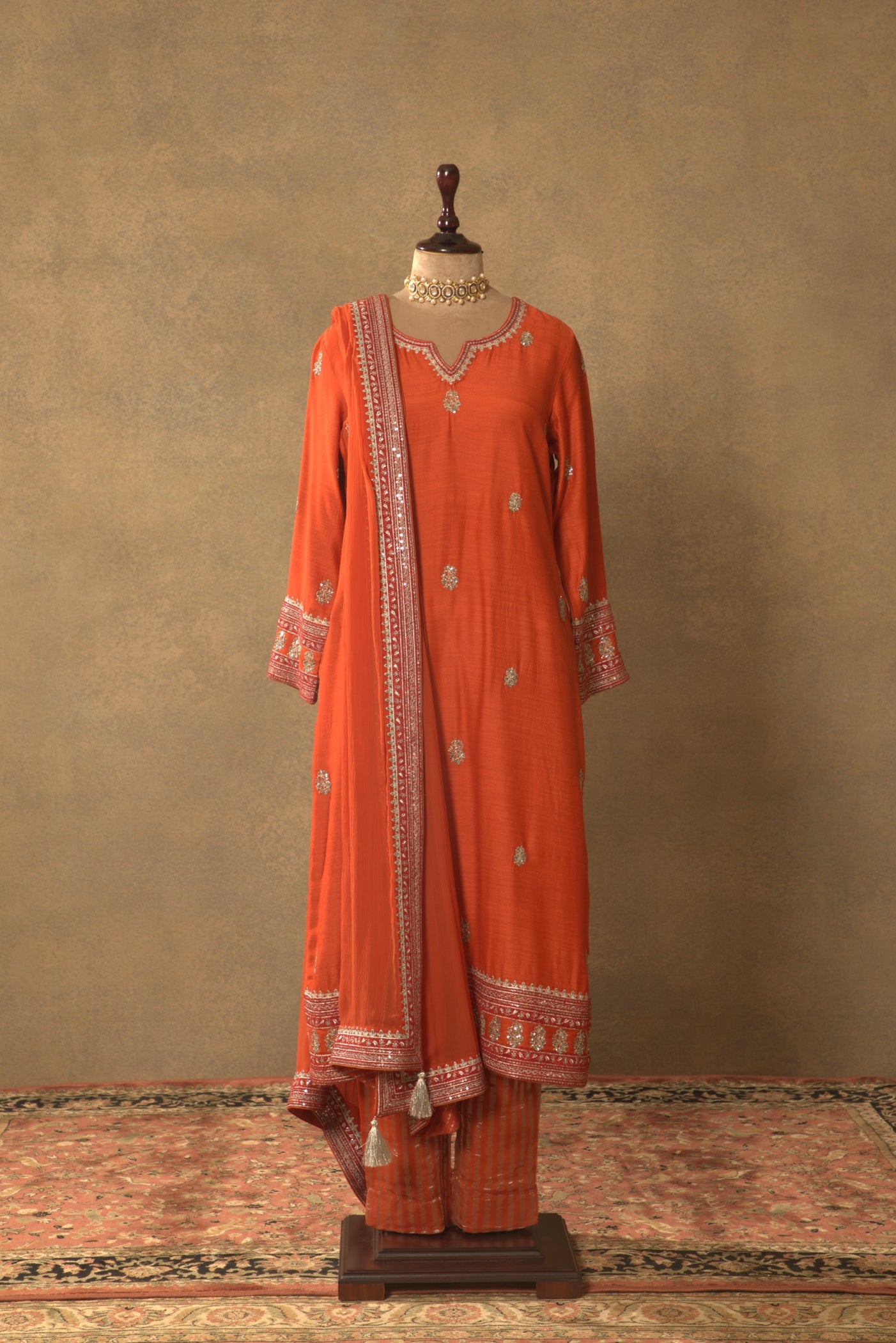 Rust-Orange Embroidered Pure Muga-Silk Kurta-Pants Set