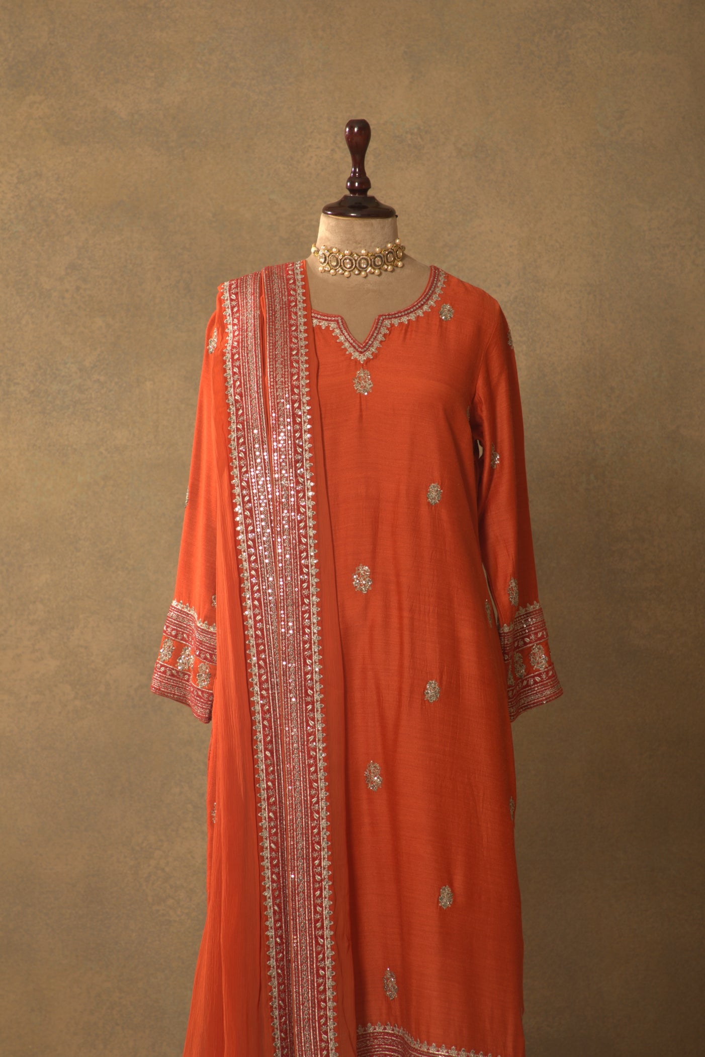 Rust-Orange Embroidered Pure Muga-Silk Kurta-Pants Set
