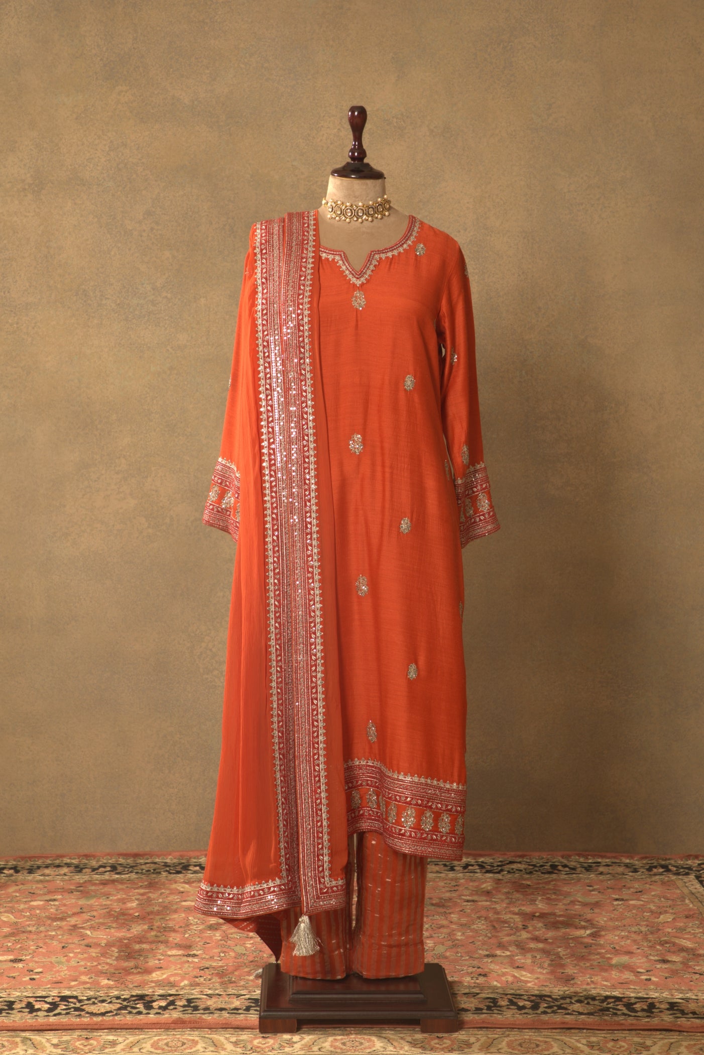 Rust-Orange Embroidered Pure Muga-Silk Kurta-Pants Set