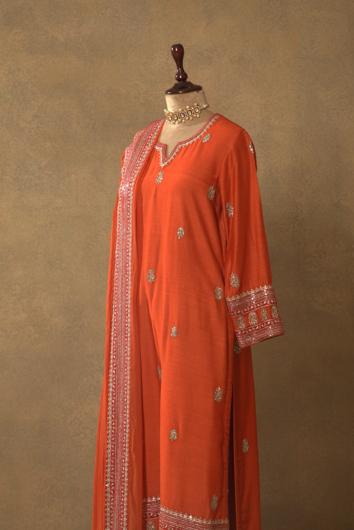 Rust-Orange Embroidered Pure Muga-Silk Kurta-Pants Set