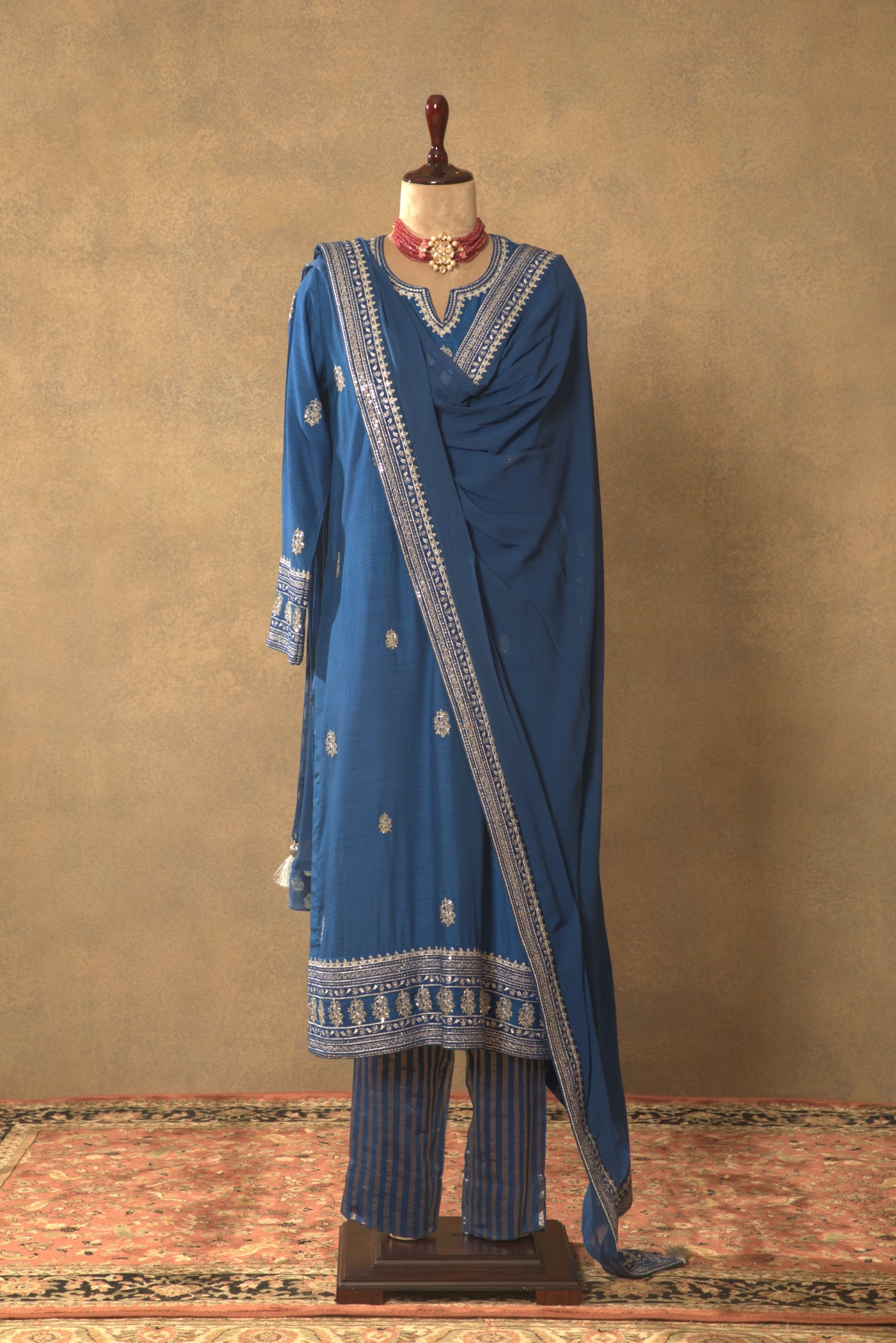Royal-Blue Embroidered Pure Muga-Silk Kurta-Pants Set