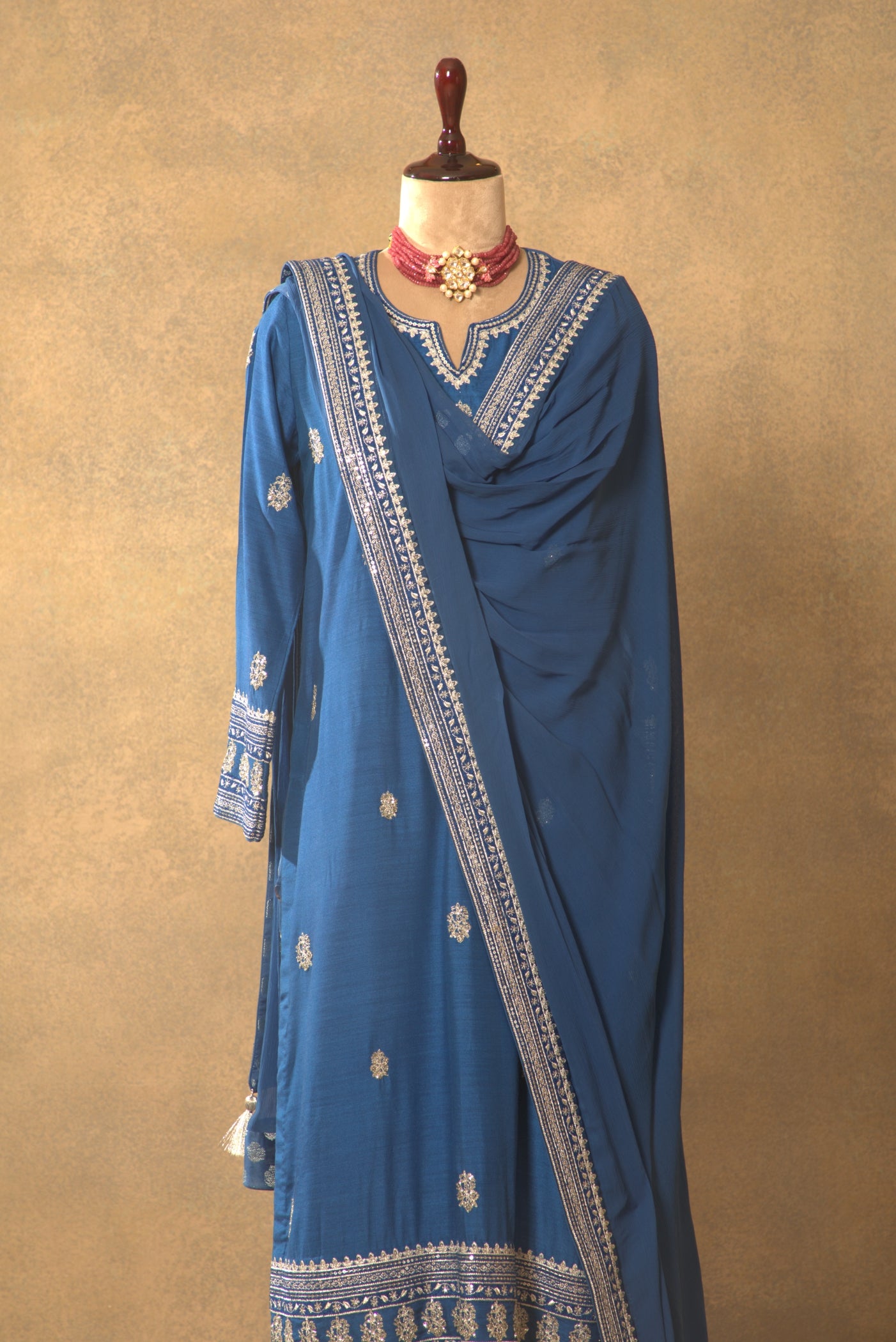 Royal-Blue Embroidered Pure Muga-Silk Kurta-Pants Set