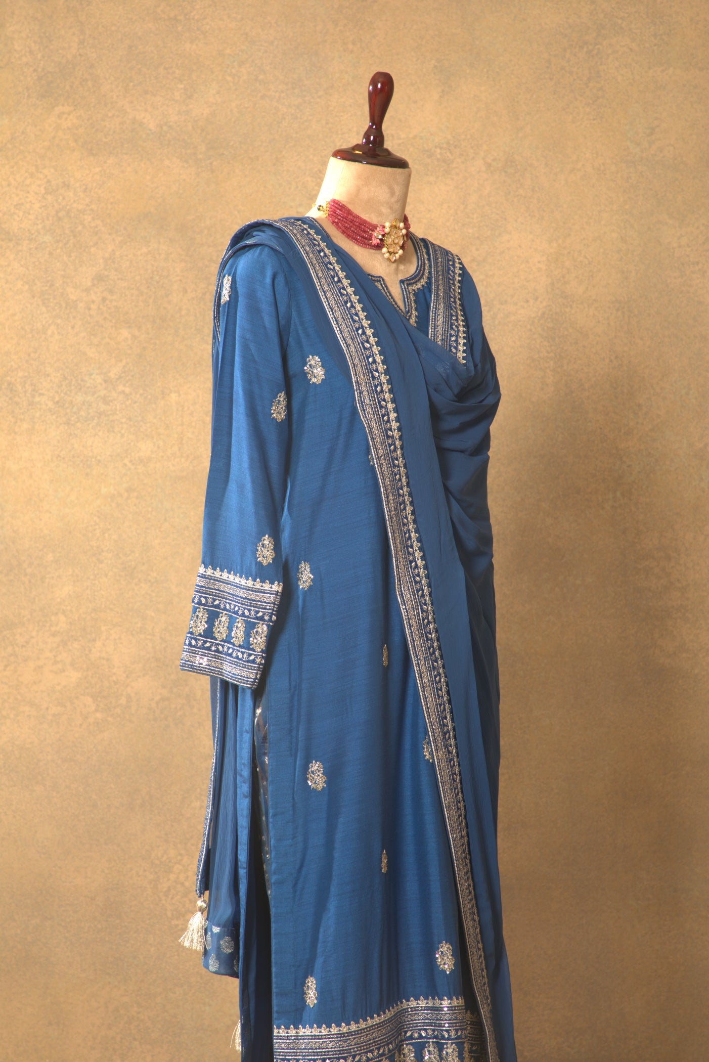 Royal-Blue Embroidered Pure Muga-Silk Kurta-Pants Set