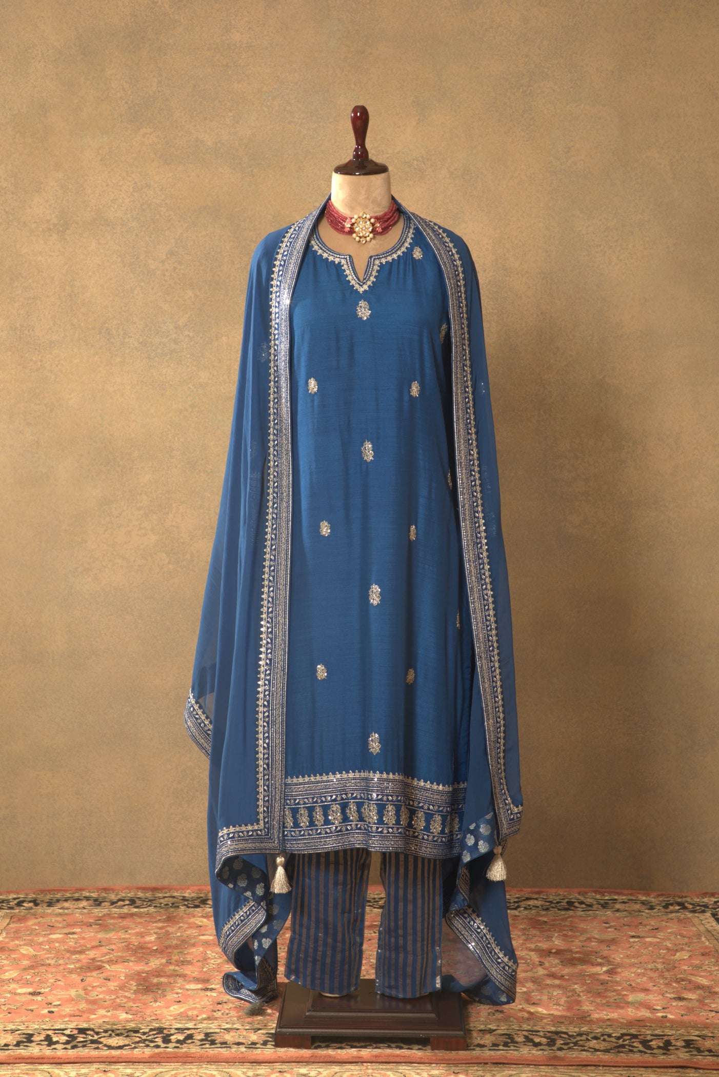 Royal-Blue Embroidered Pure Muga-Silk Kurta-Pants Set