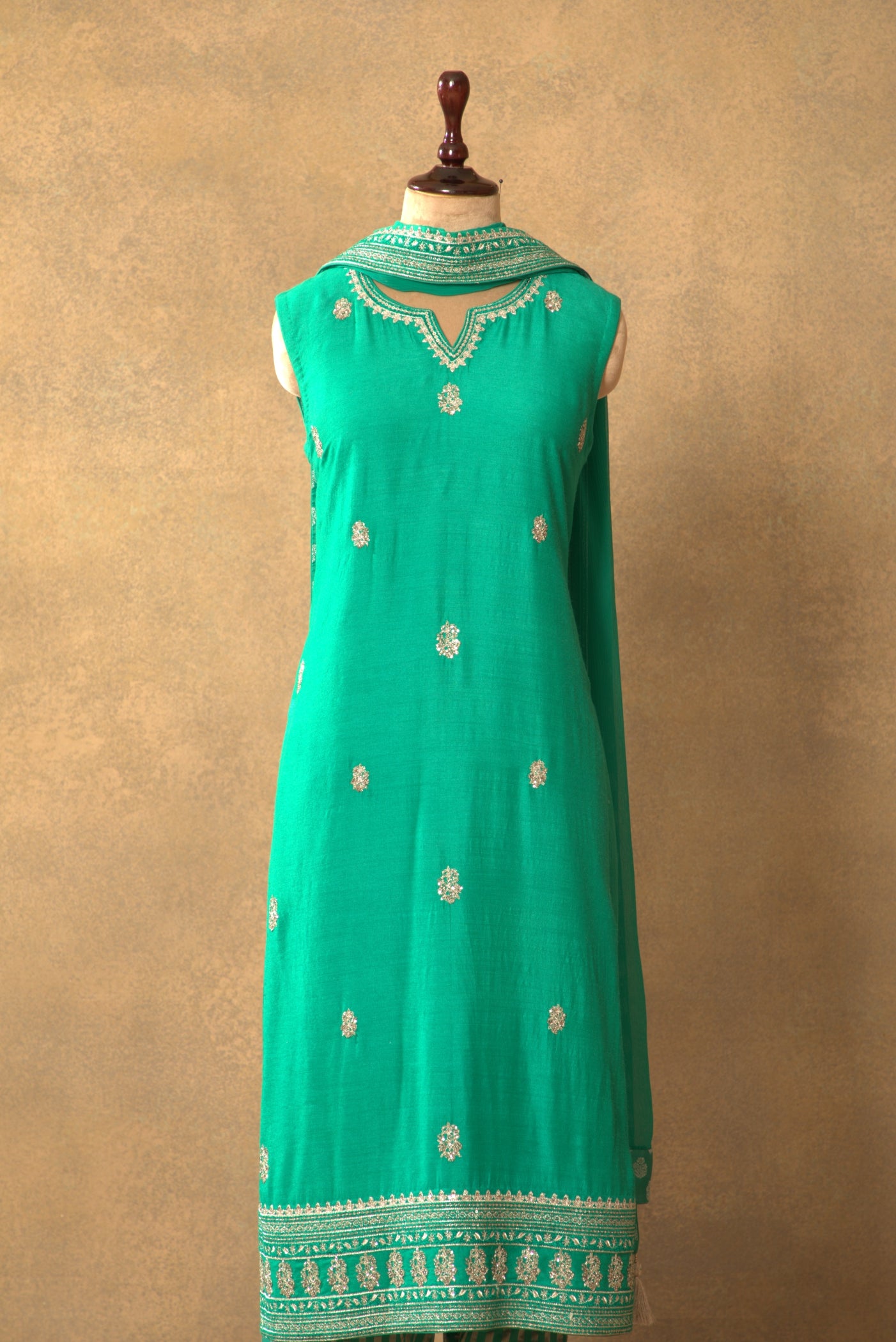 Sea-Green Embroidered Pure Muga-Silk Sleeveless Kurta-Pants Set