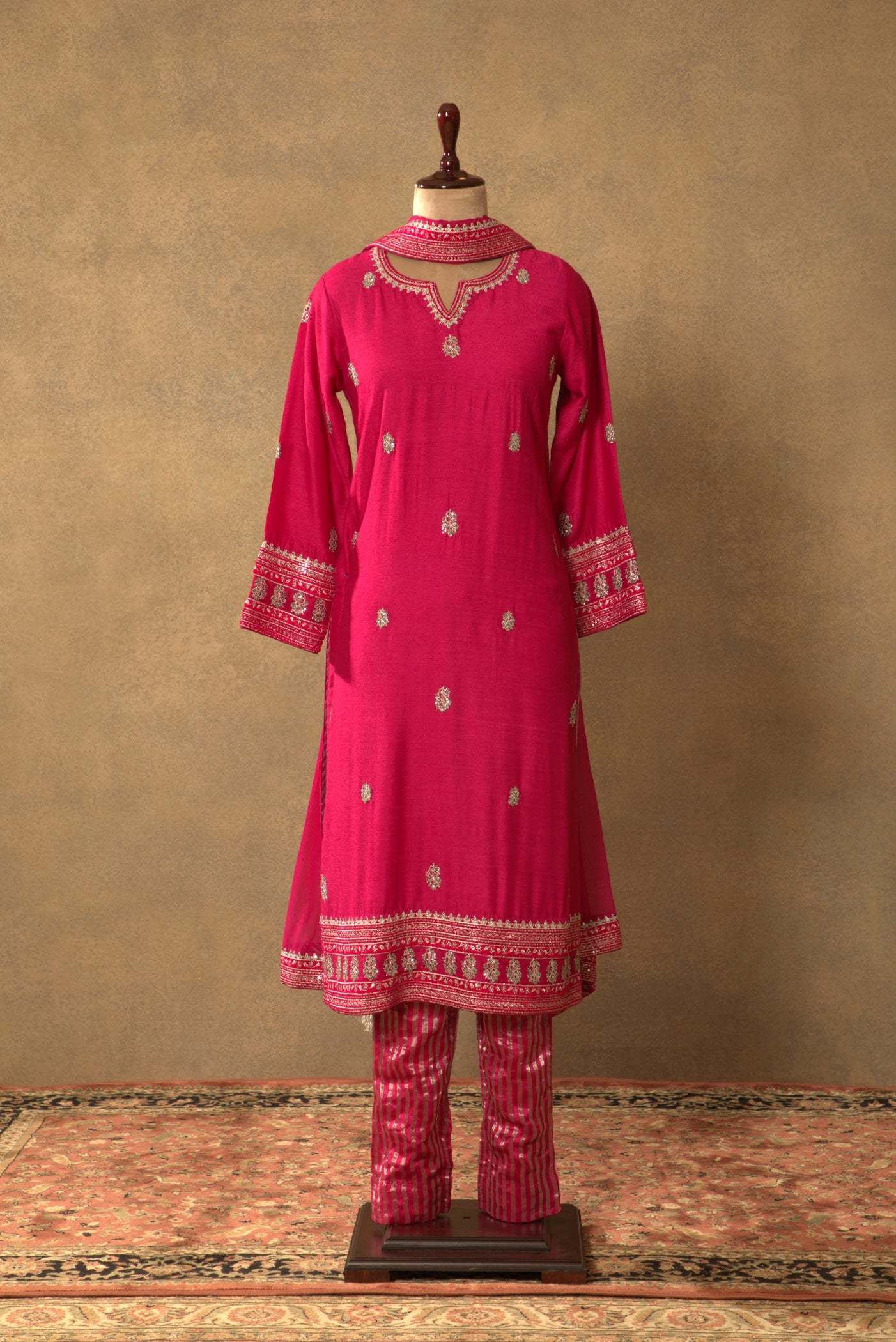 Fuchsia-Pink Embroidered Pure Muga-Silk Kurta-Pants Set