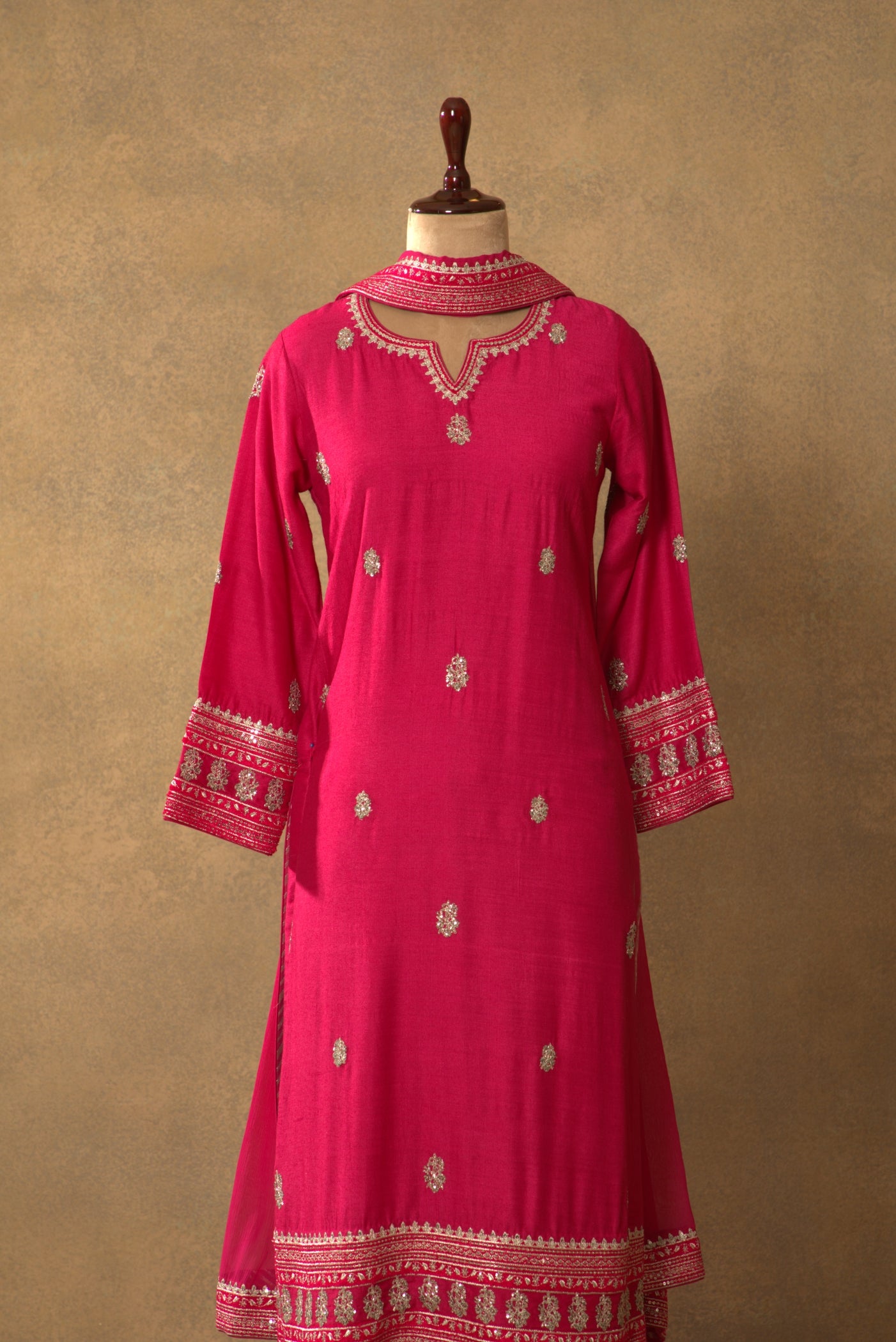 Fuchsia-Pink Embroidered Pure Muga-Silk Kurta-Pants Set