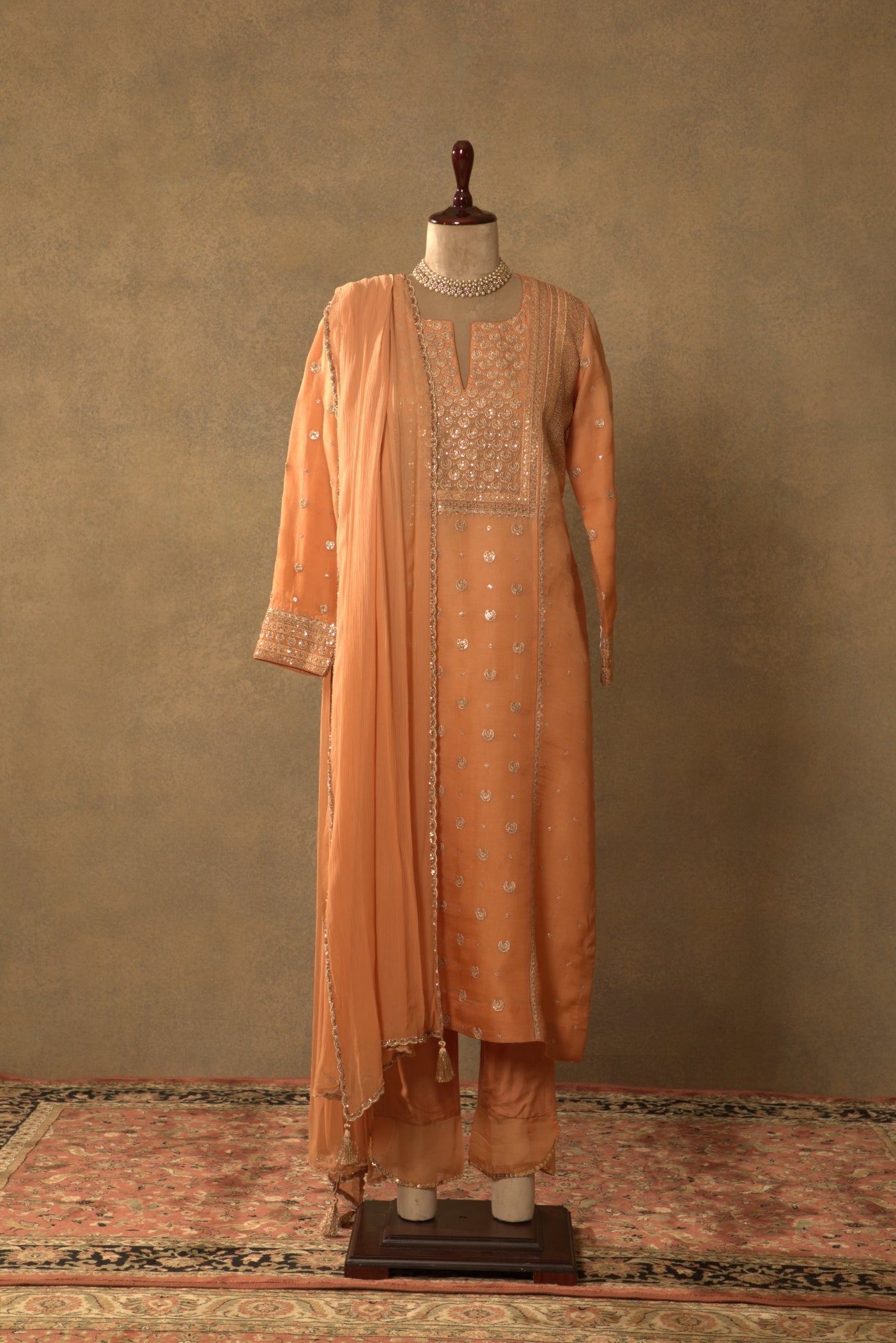 Dusty-Peach Embroidered Pure Silk- Organza Kurta-Pants Set