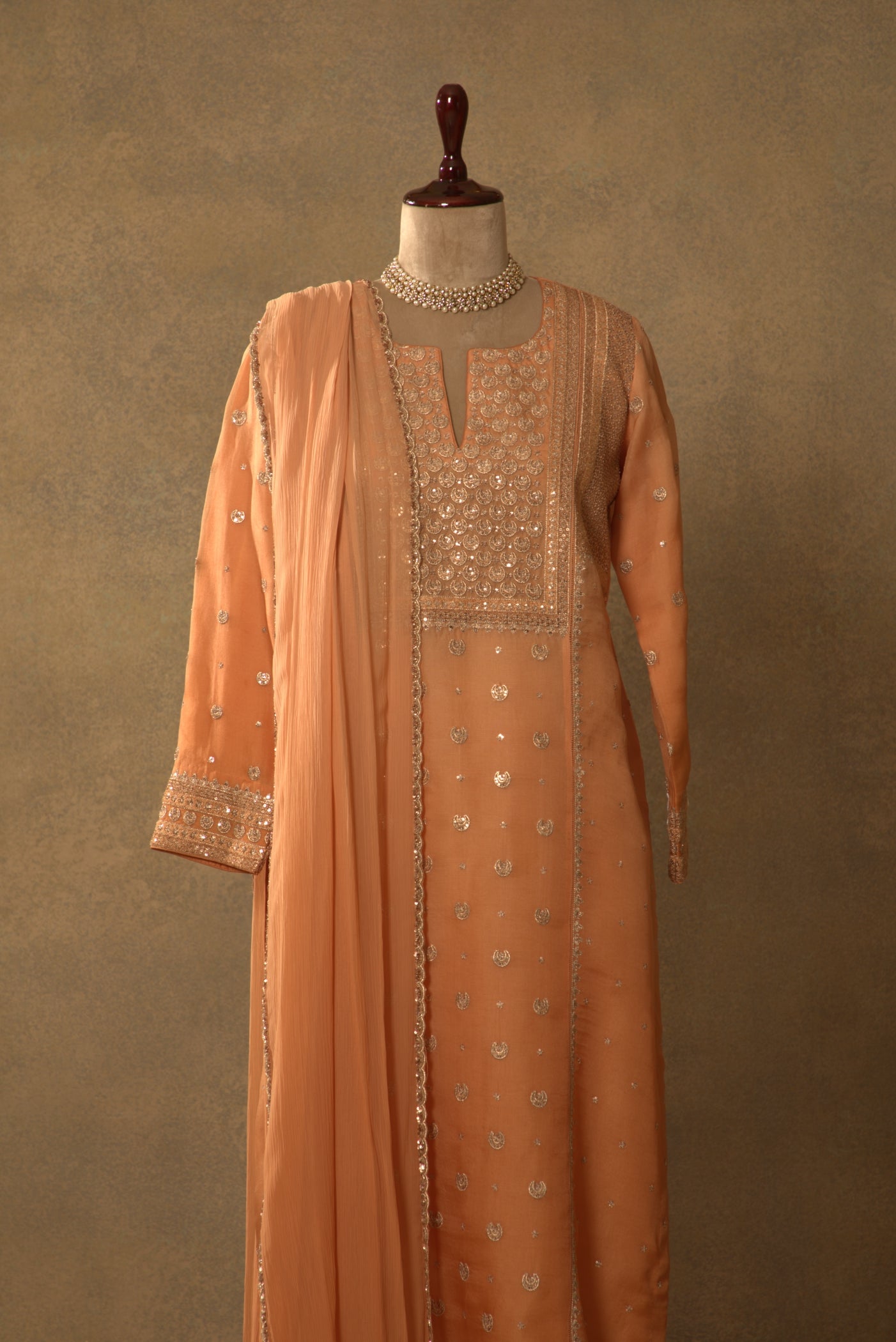 Dusty-Peach Embroidered Pure Silk- Organza Kurta-Pants Set