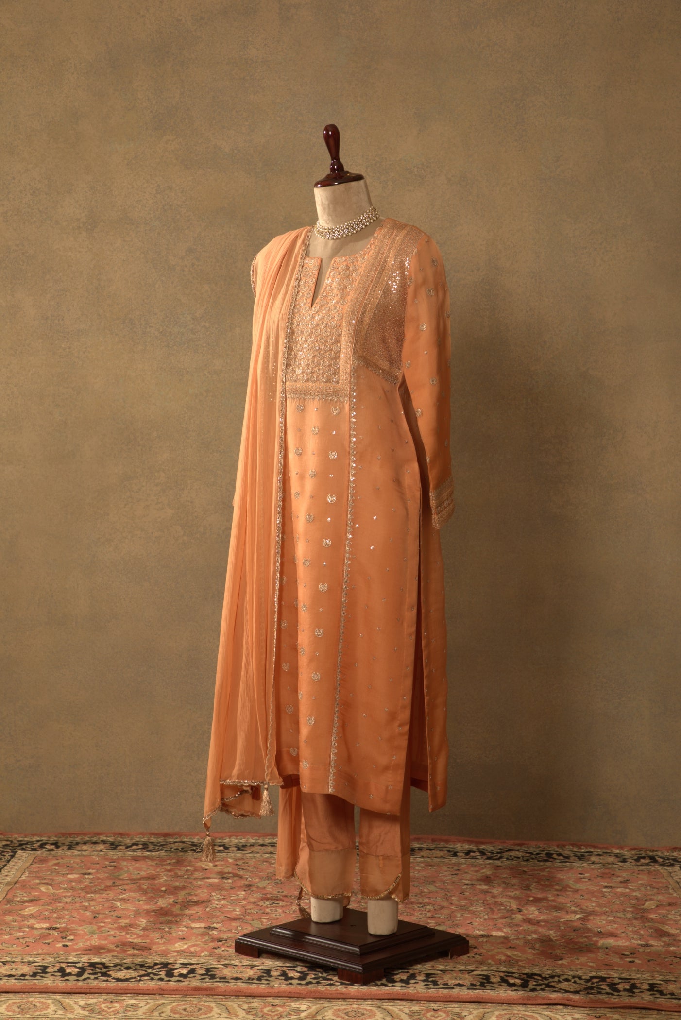 Dusty-Peach Embroidered Pure Silk- Organza Kurta-Pants Set