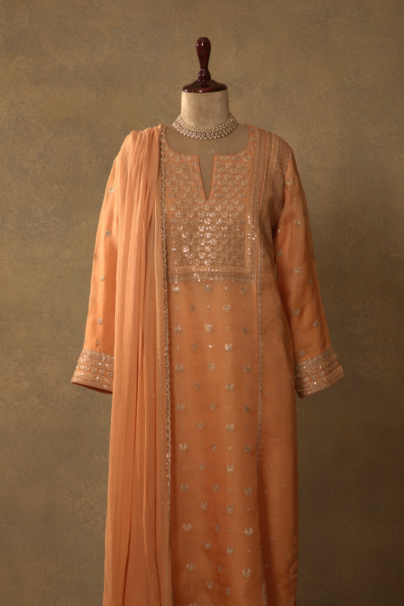 Dusty-Peach Embroidered Pure Silk- Organza Kurta-Pants Set