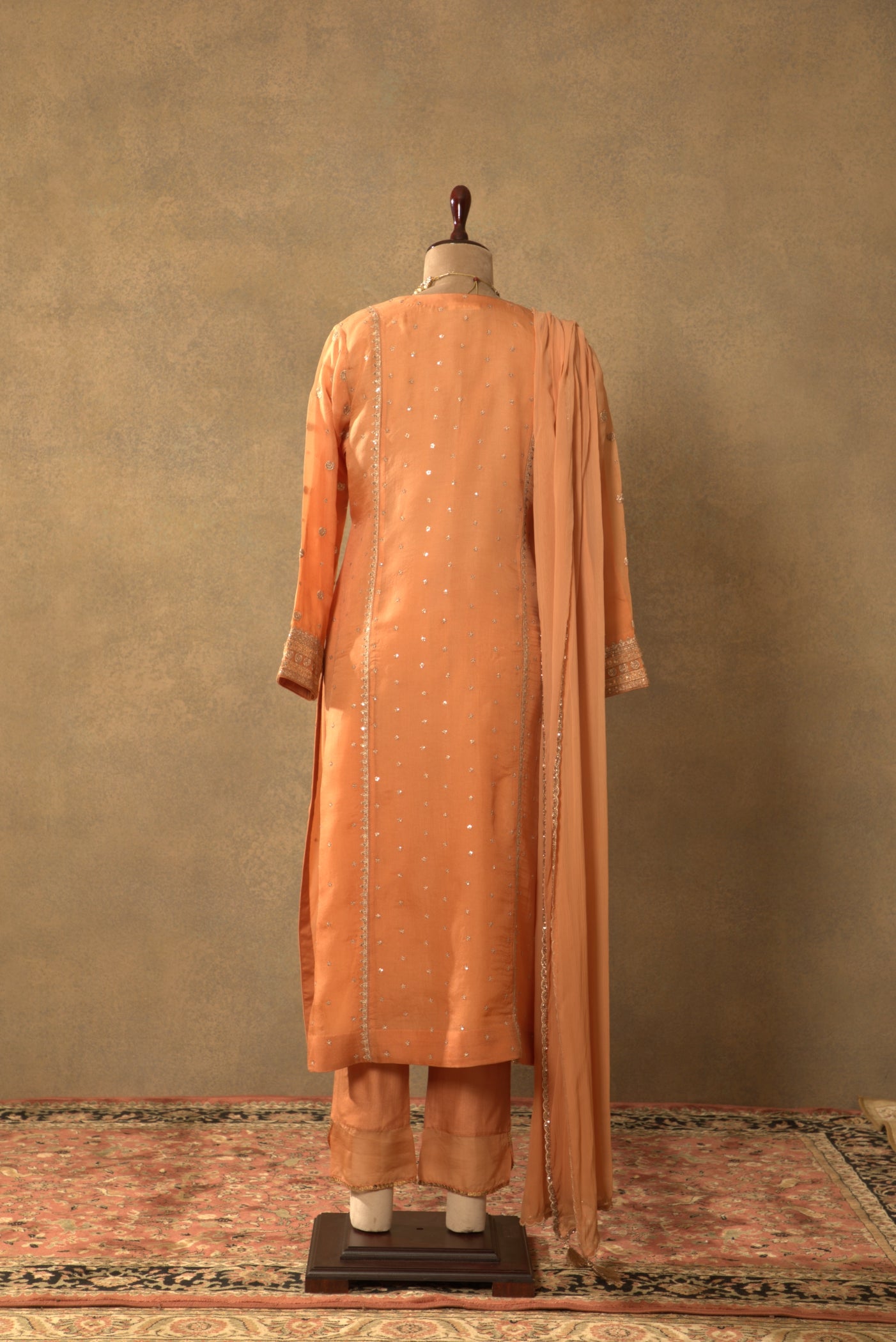 Dusty-Peach Embroidered Pure Silk- Organza Kurta-Pants Set