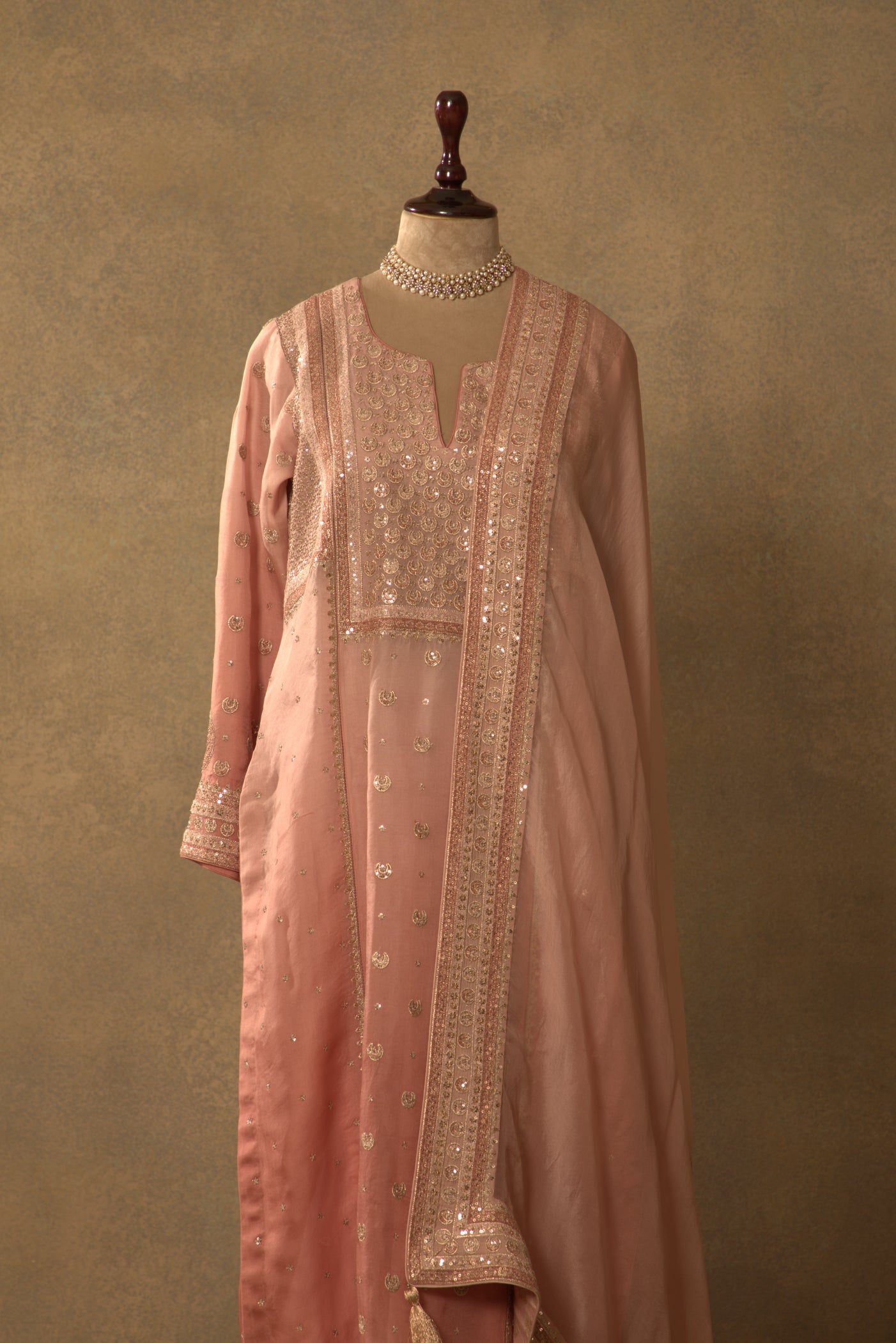 Dusty-Pink Embroidered Pure Silk-Organza Kurta-Pants Set