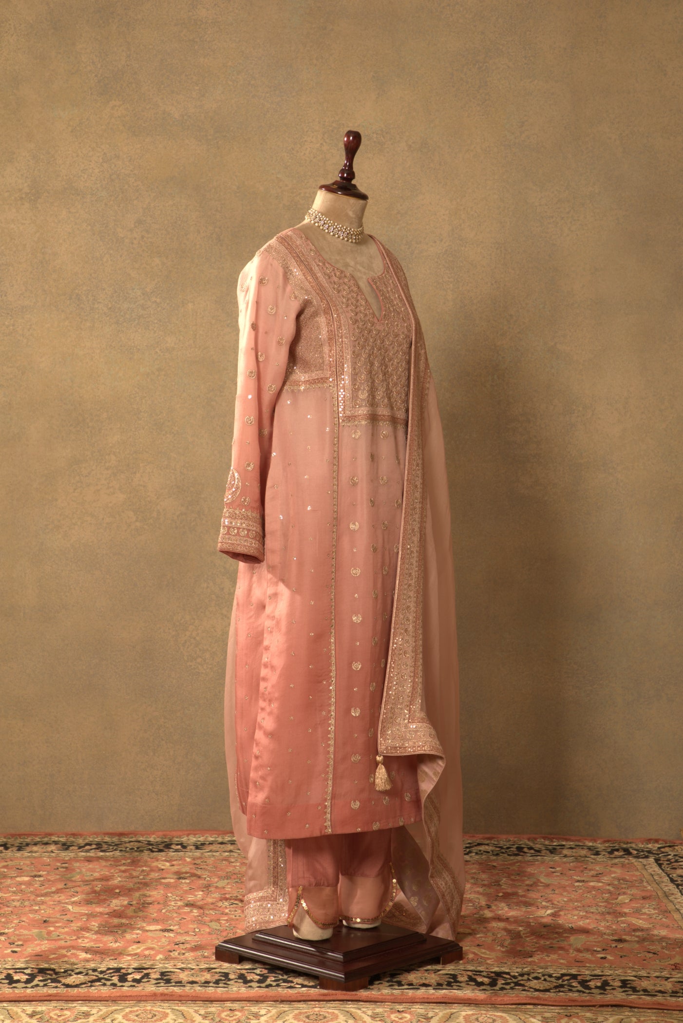 Dusty-Pink Embroidered Pure Silk-Organza Kurta-Pants Set
