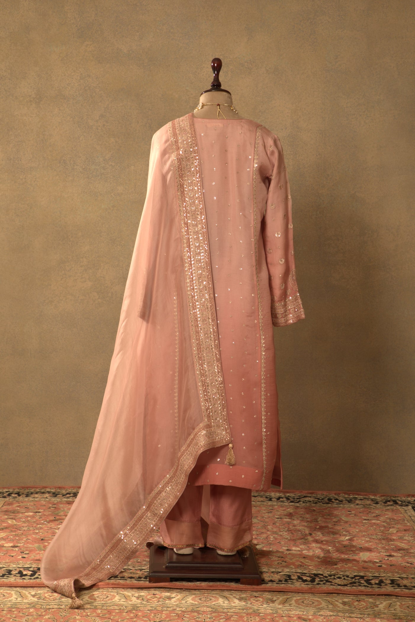 Dusty-Pink Embroidered Pure Silk-Organza Kurta-Pants Set