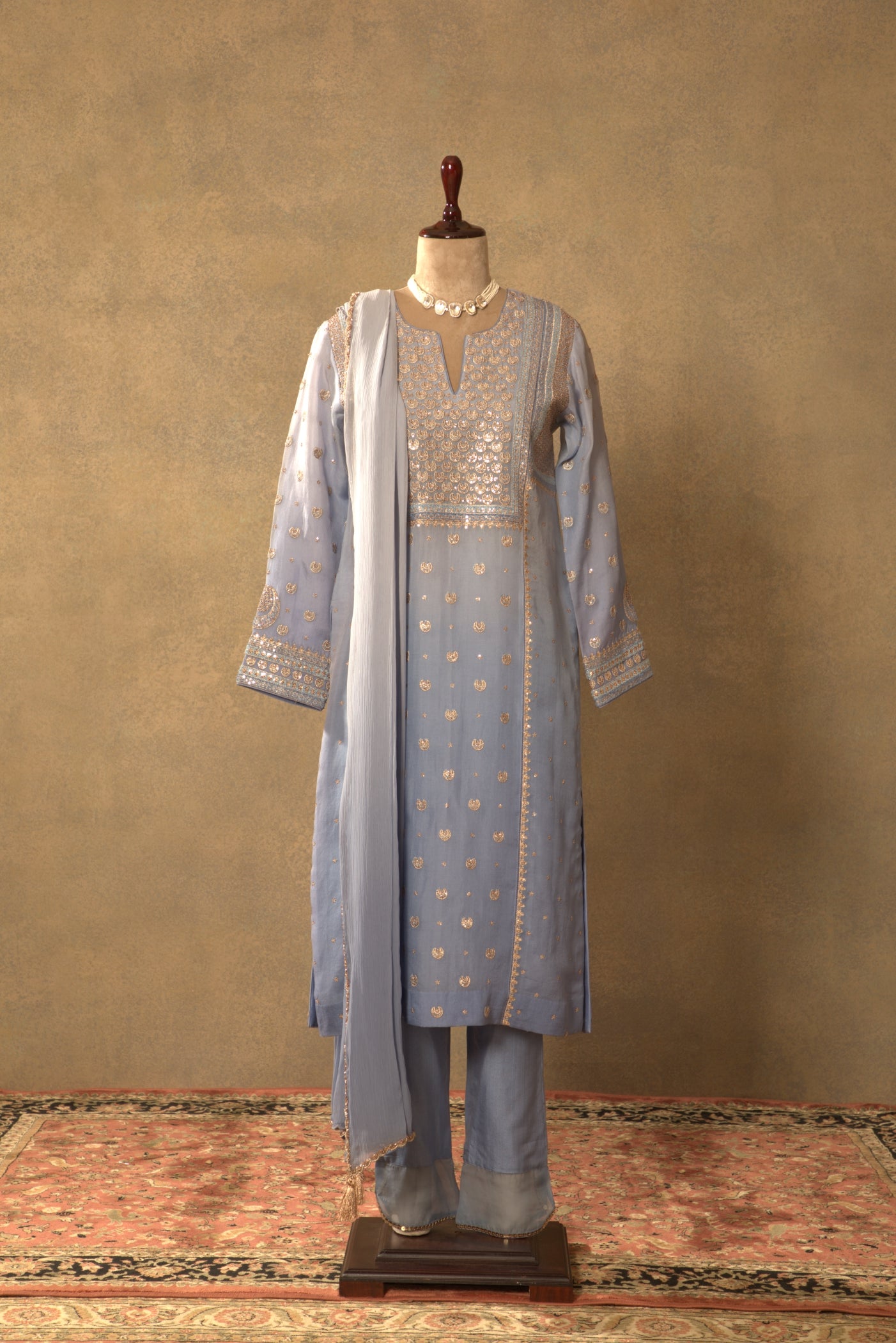 Placid-Blue Embroidered Pure Silk-Organza Kurta-Pants Set