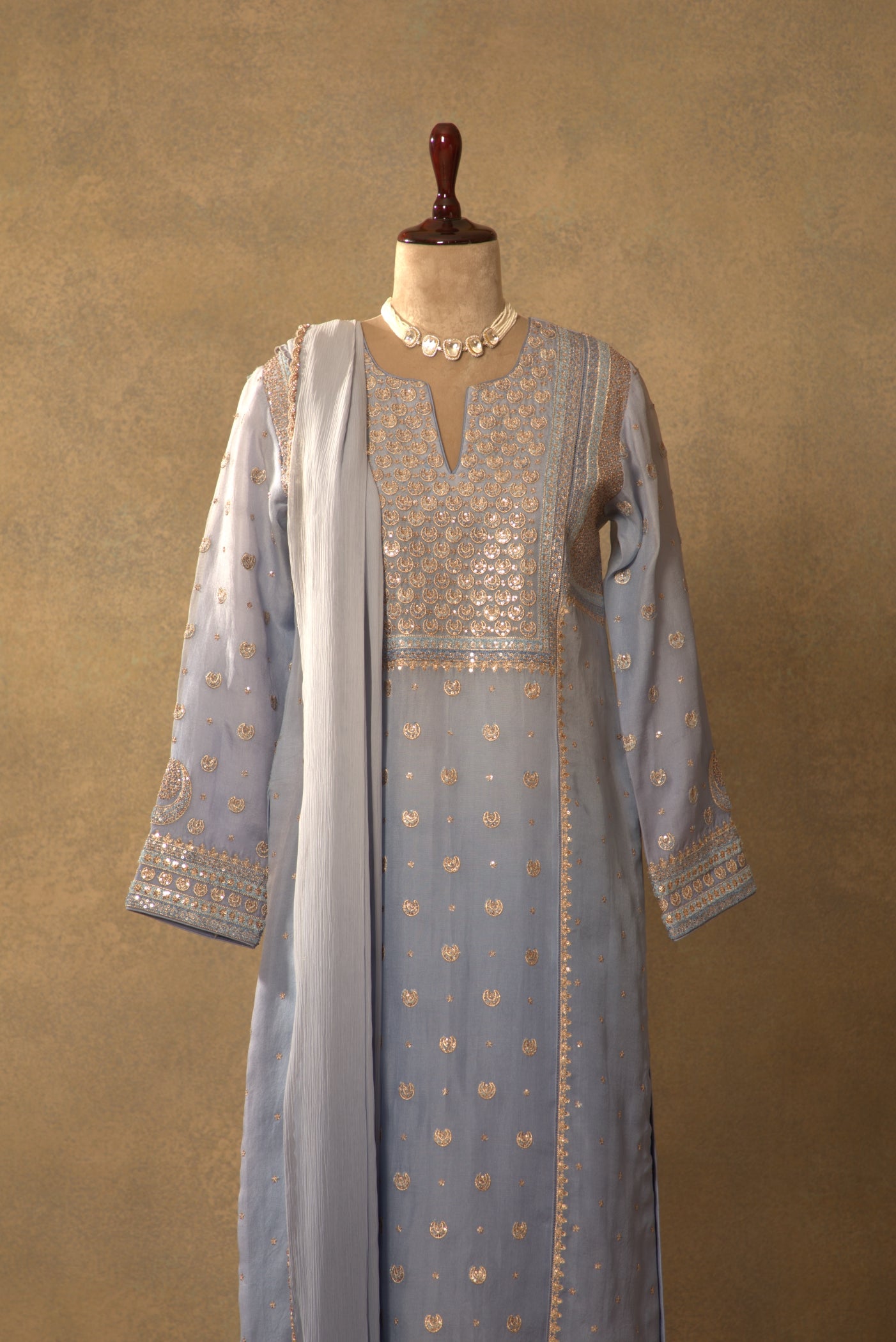 Placid-Blue Embroidered Pure Silk-Organza Kurta-Pants Set