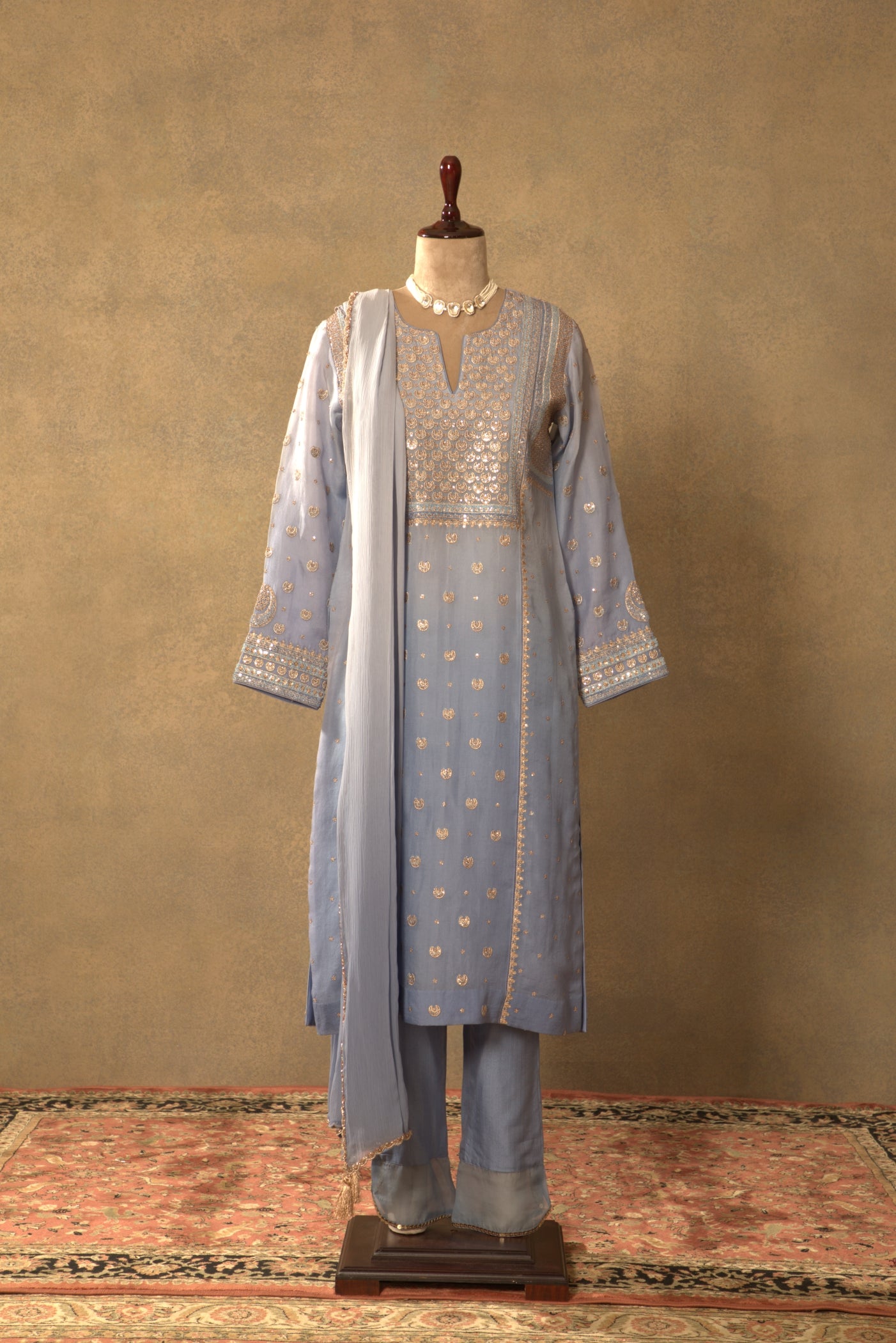 Placid-Blue Embroidered Pure Silk-Organza Kurta-Pants Set