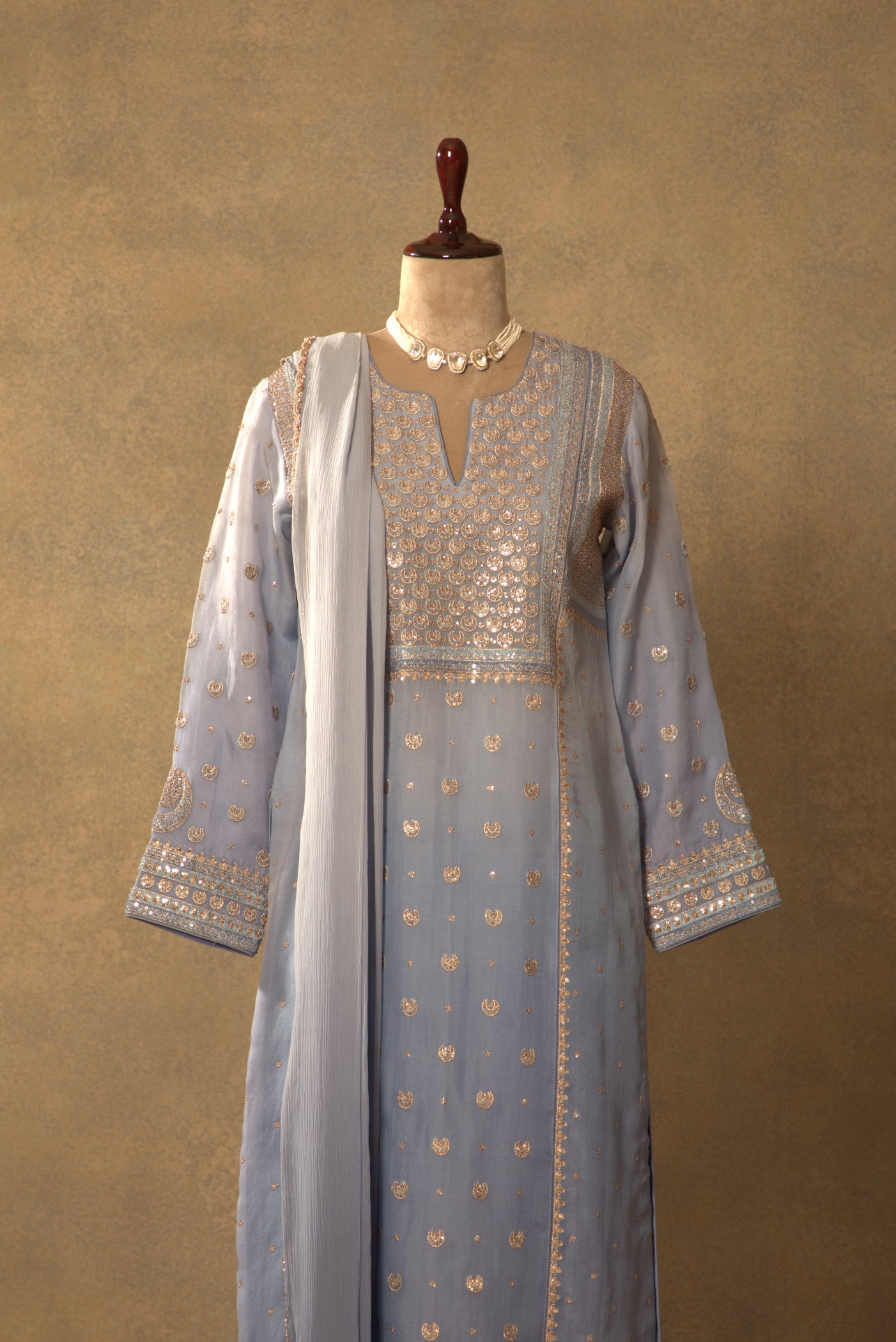 Placid-Blue Embroidered Pure Silk-Organza Kurta-Pants Set