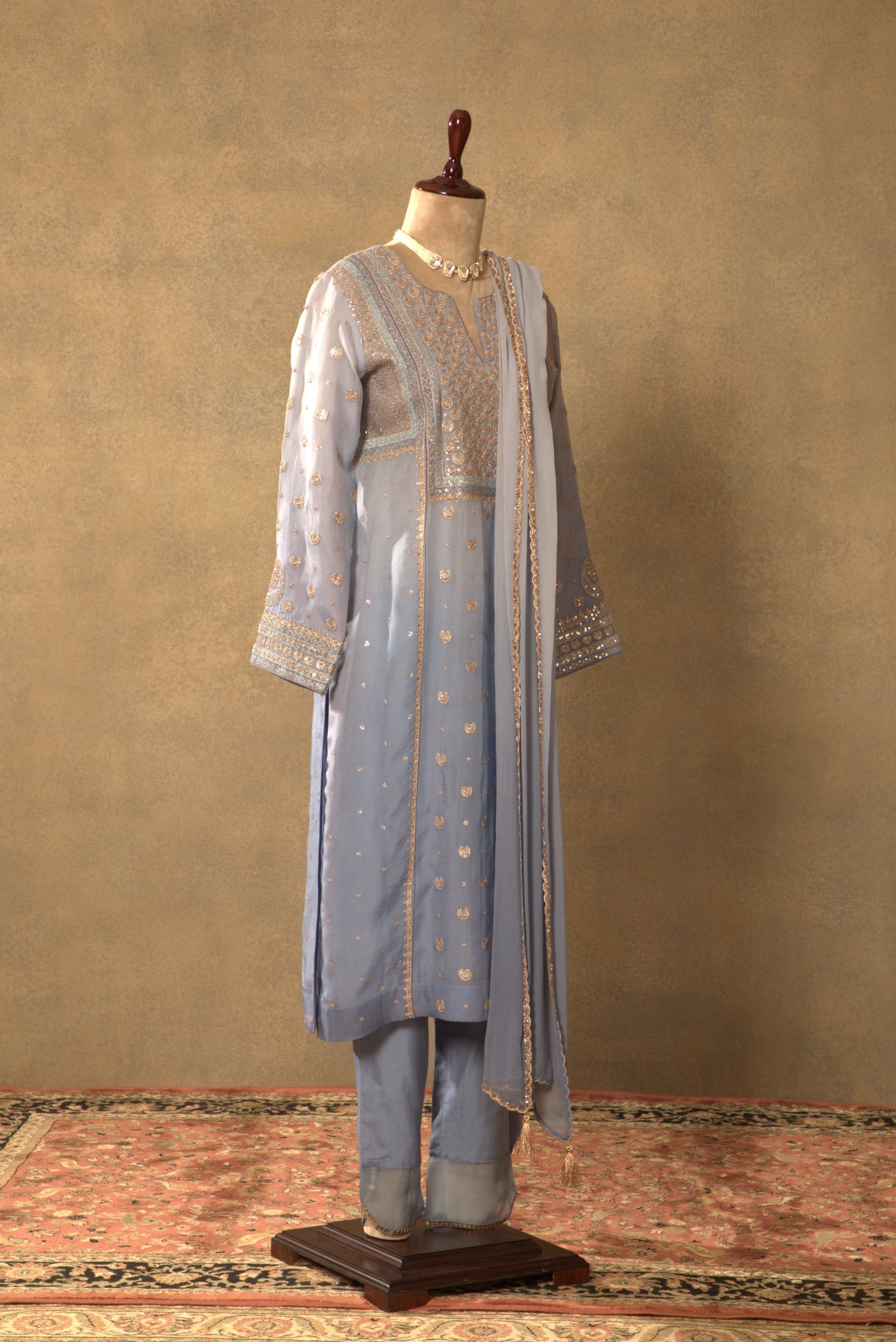 Placid-Blue Embroidered Pure Silk-Organza Kurta-Pants Set