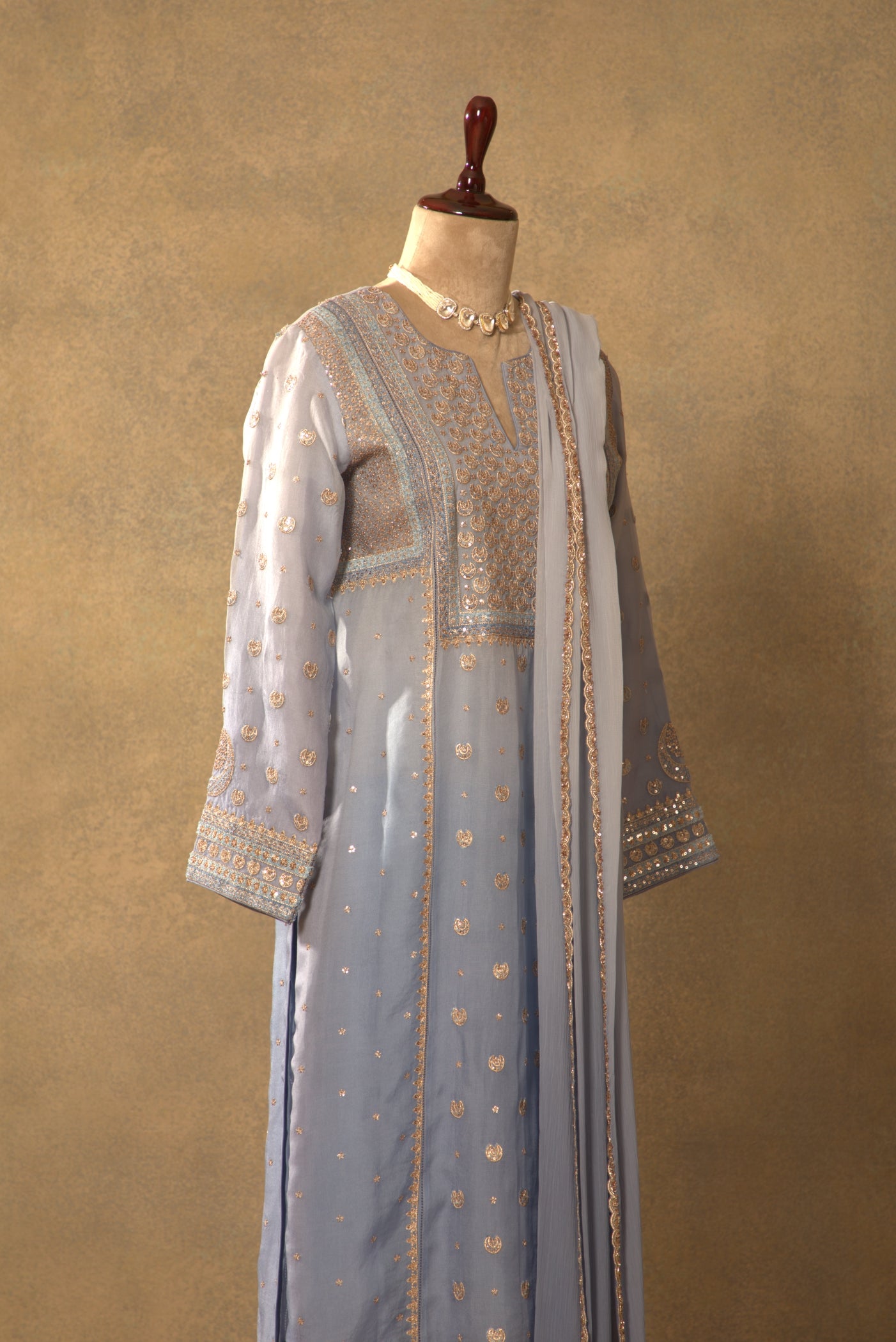 Placid-Blue Embroidered Pure Silk-Organza Kurta-Pants Set