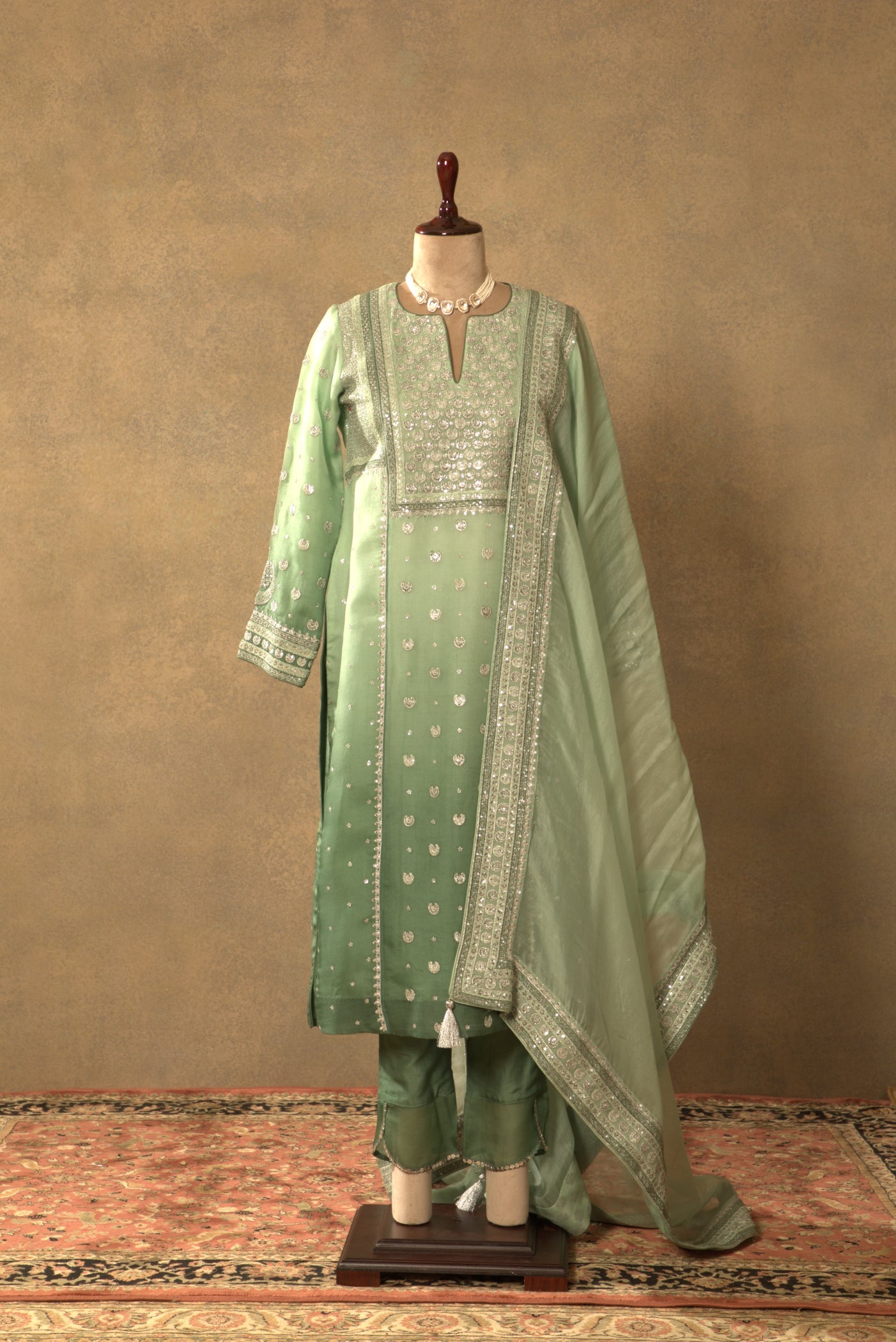 Fern-Green Embroidered Pure Silk-Organza Kurta-Pants Set