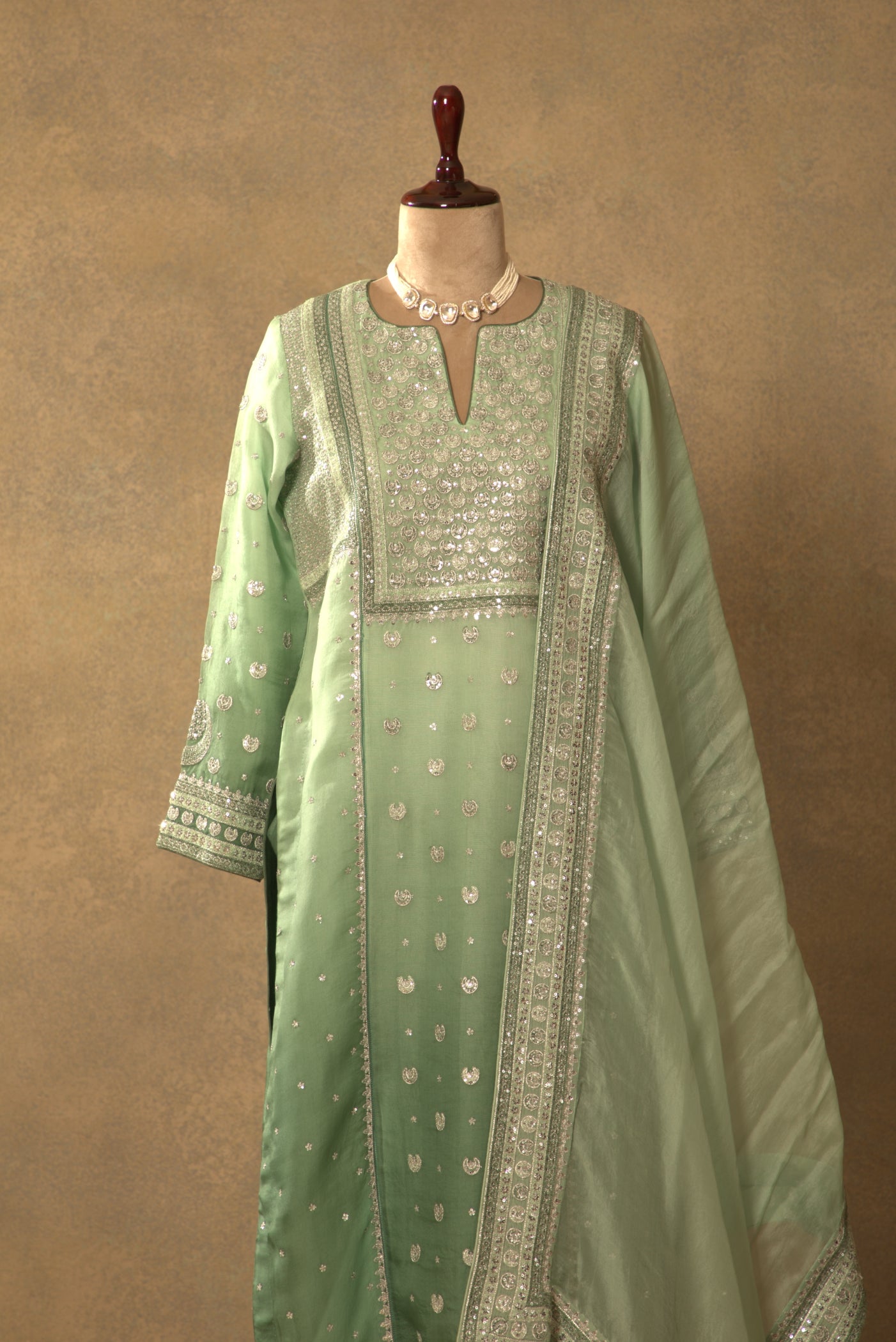 Fern-Green Embroidered Pure Silk-Organza Kurta-Pants Set