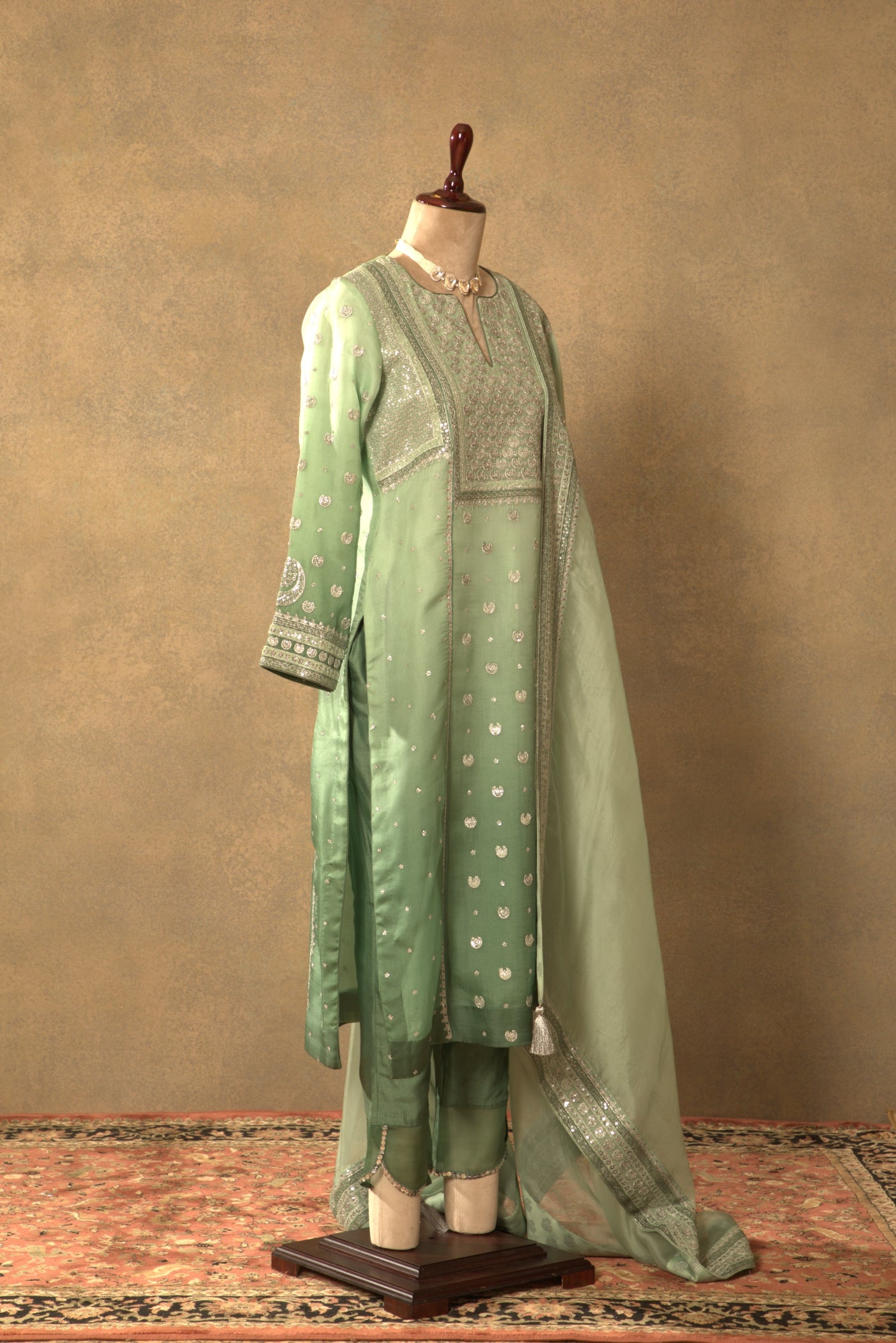 Fern-Green Embroidered Pure Silk-Organza Kurta-Pants Set