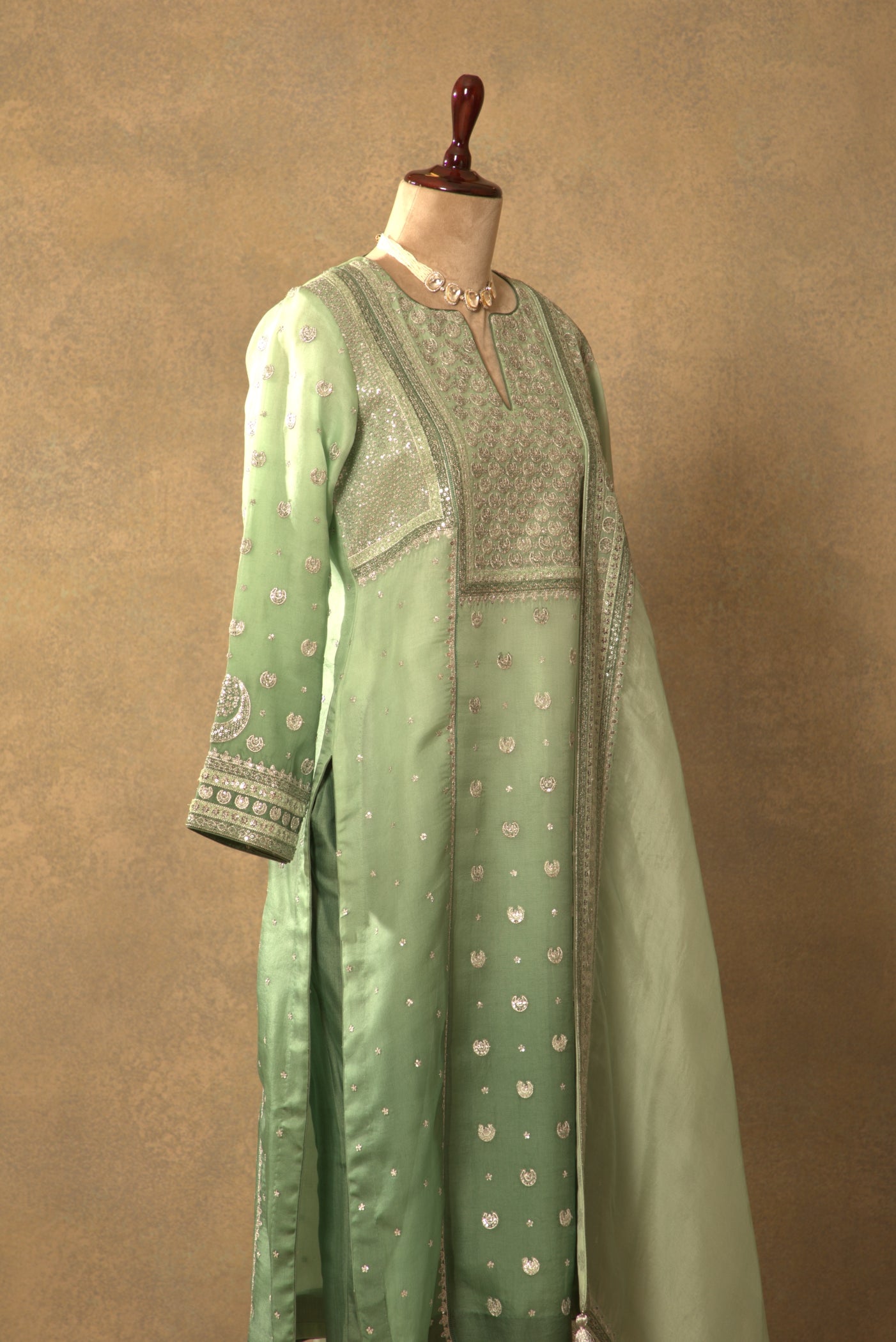Fern-Green Embroidered Pure Silk-Organza Kurta-Pants Set