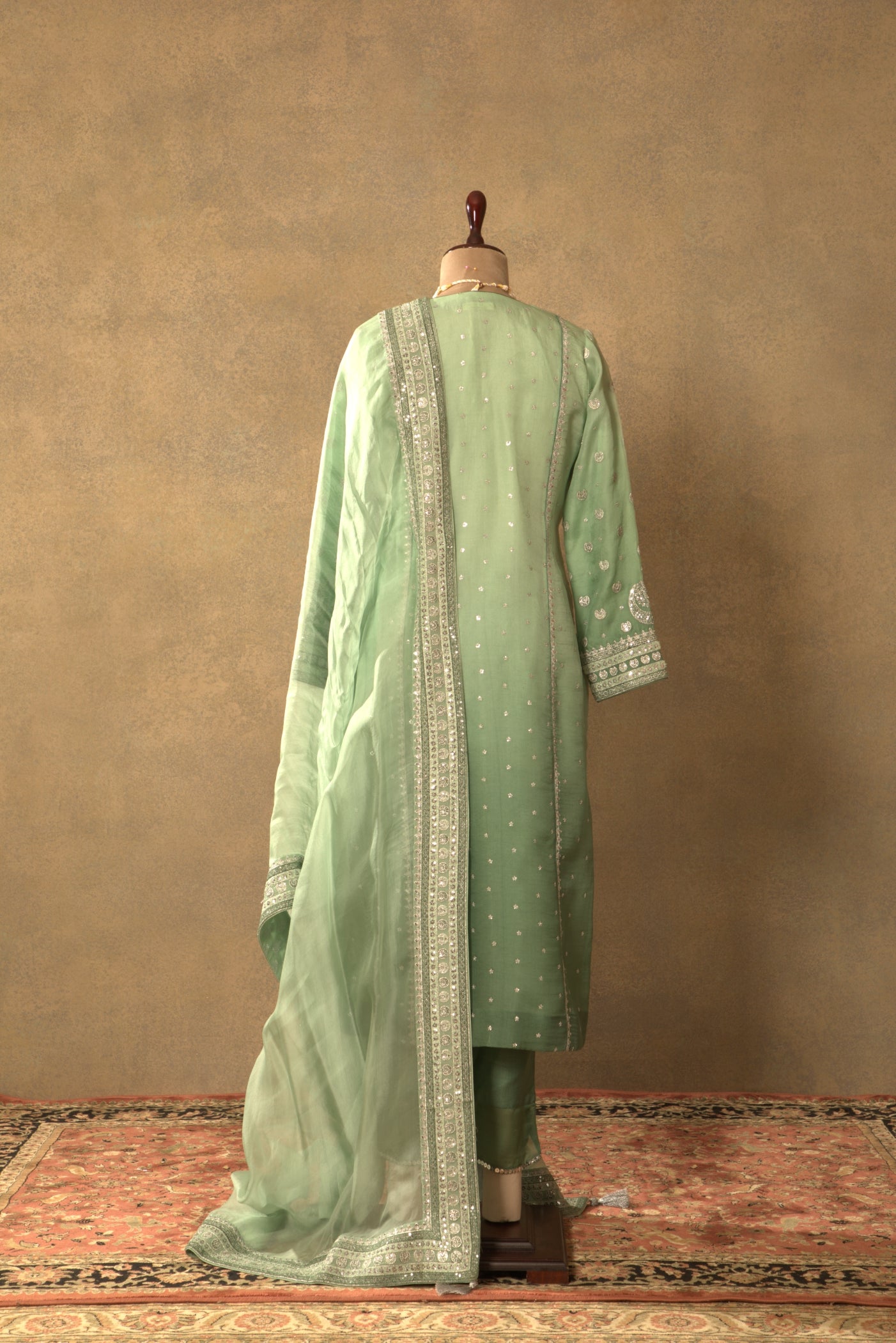 Fern-Green Embroidered Pure Silk-Organza Kurta-Pants Set