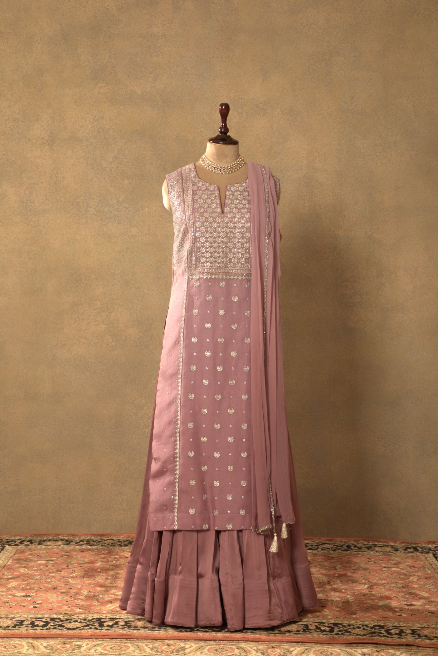 Lavender Embroidered Pure Silk-Organza Long Kurta-Sharara Set
