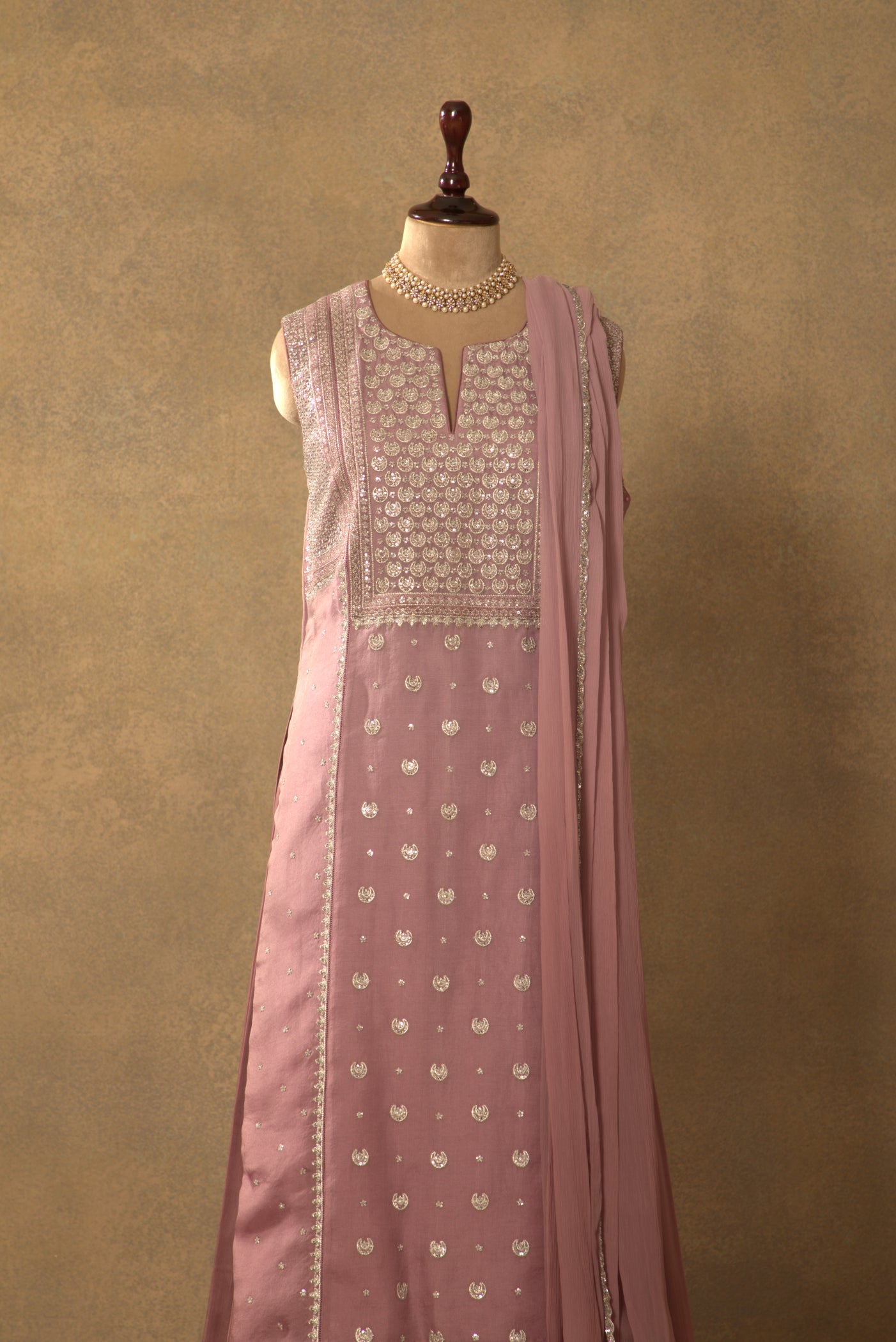 Lavender Embroidered Pure Silk-Organza Long Kurta-Sharara Set