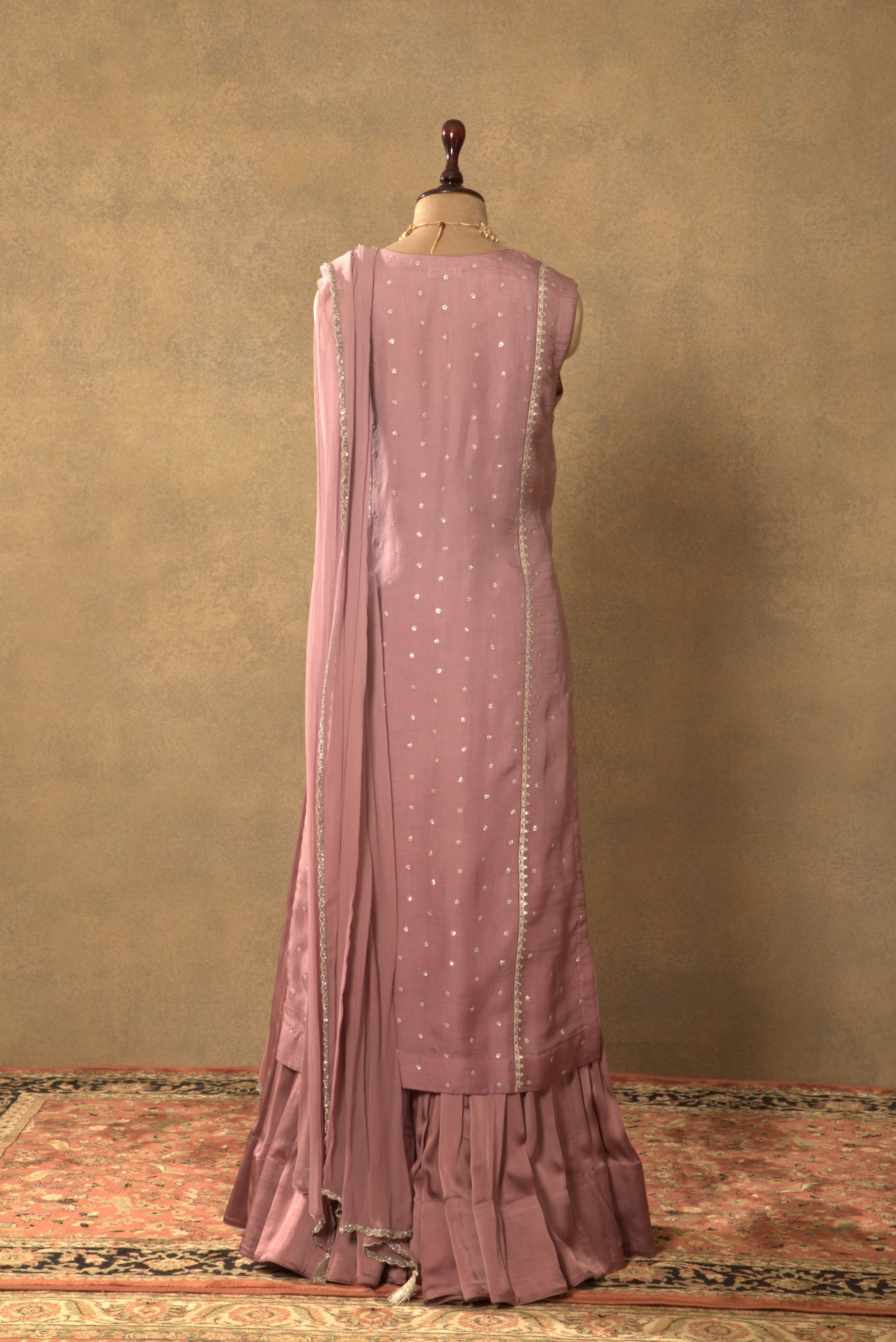 Lavender Embroidered Pure Silk-Organza Long Kurta-Sharara Set