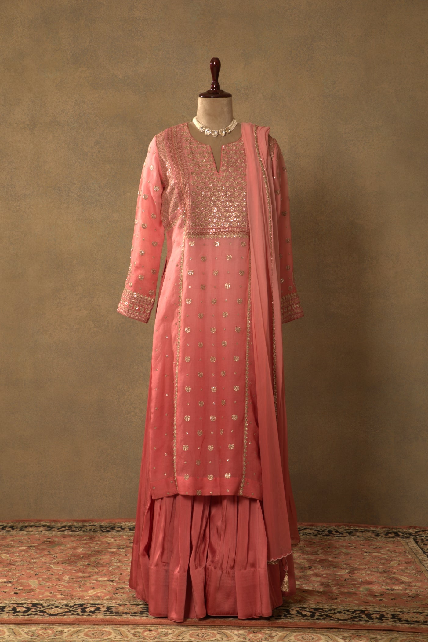 Candy-Pink Embroidered Pure Silk-Organza Long Kurta-Sharara Set