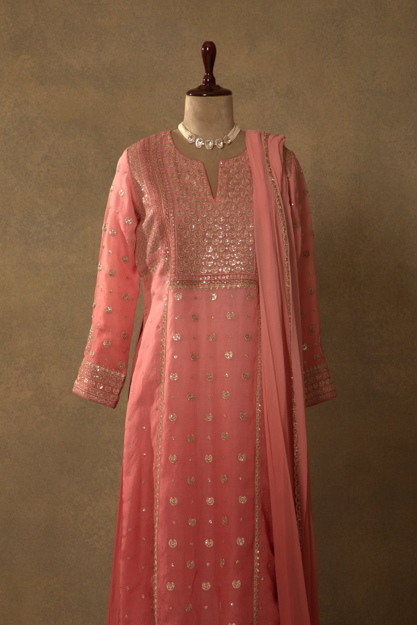 Candy-Pink Embroidered Pure Silk-Organza Long Kurta-Sharara Set
