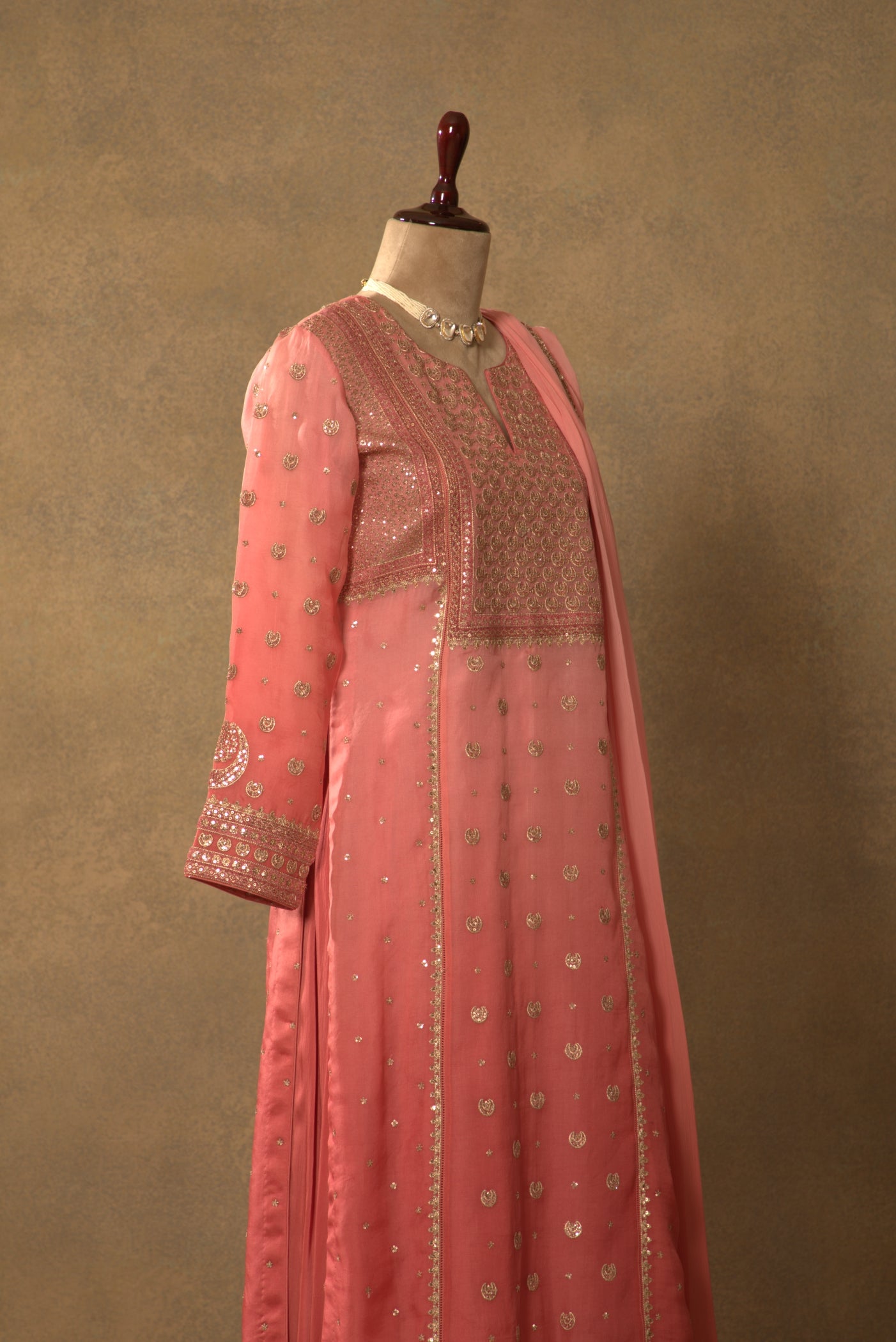 Candy-Pink Embroidered Pure Silk-Organza Long Kurta-Sharara Set