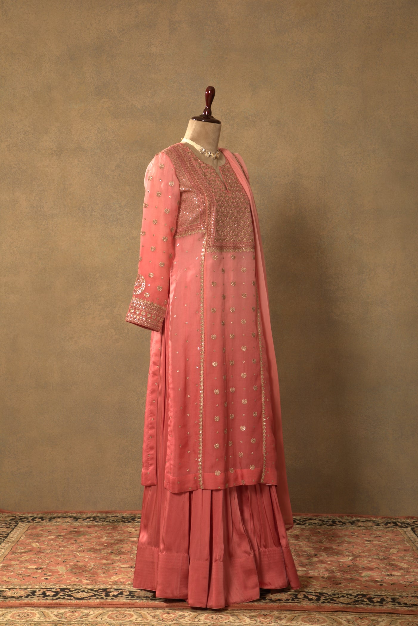 Candy-Pink Embroidered Pure Silk-Organza Long Kurta-Sharara Set