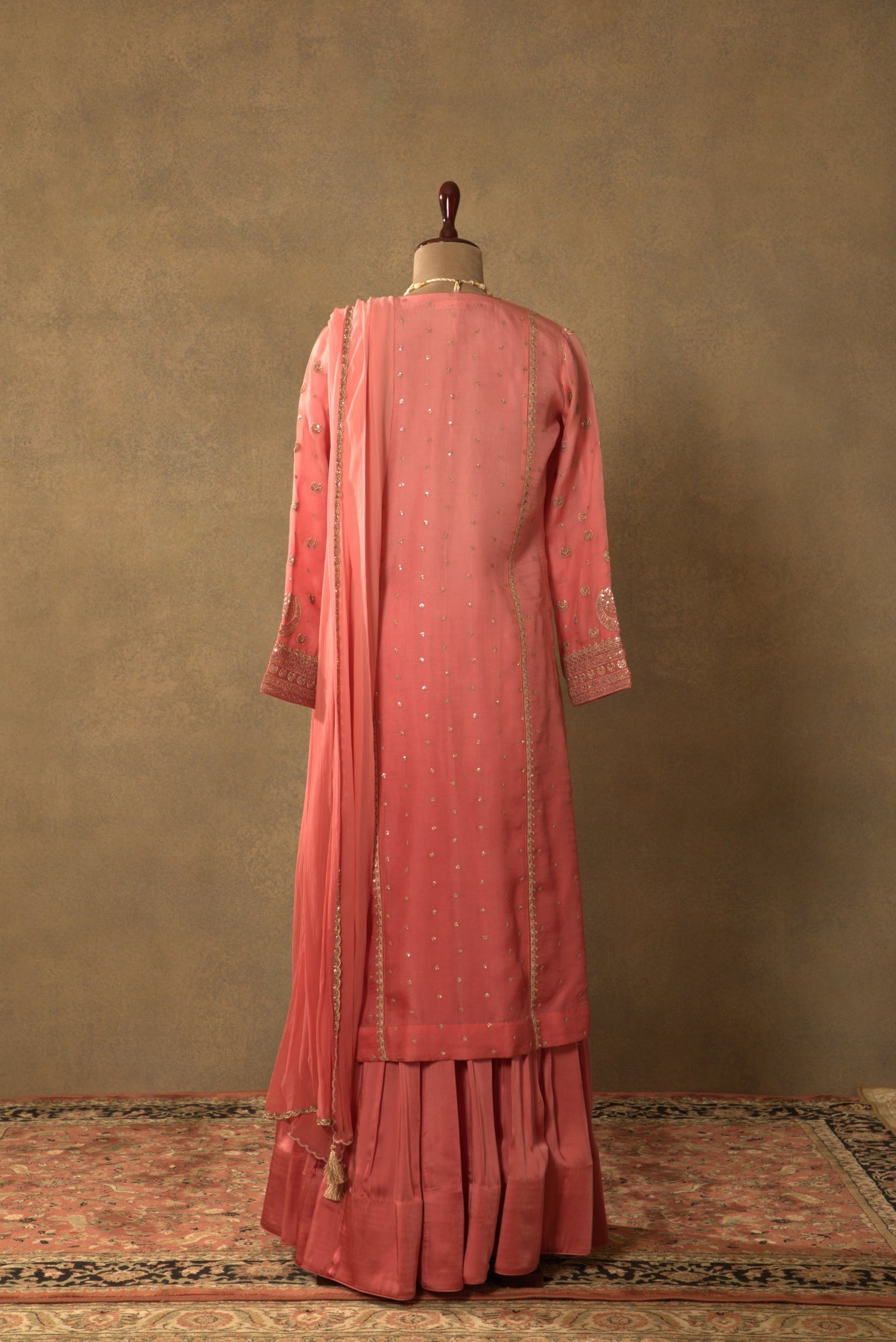 Candy-Pink Embroidered Pure Silk-Organza Long Kurta-Sharara Set