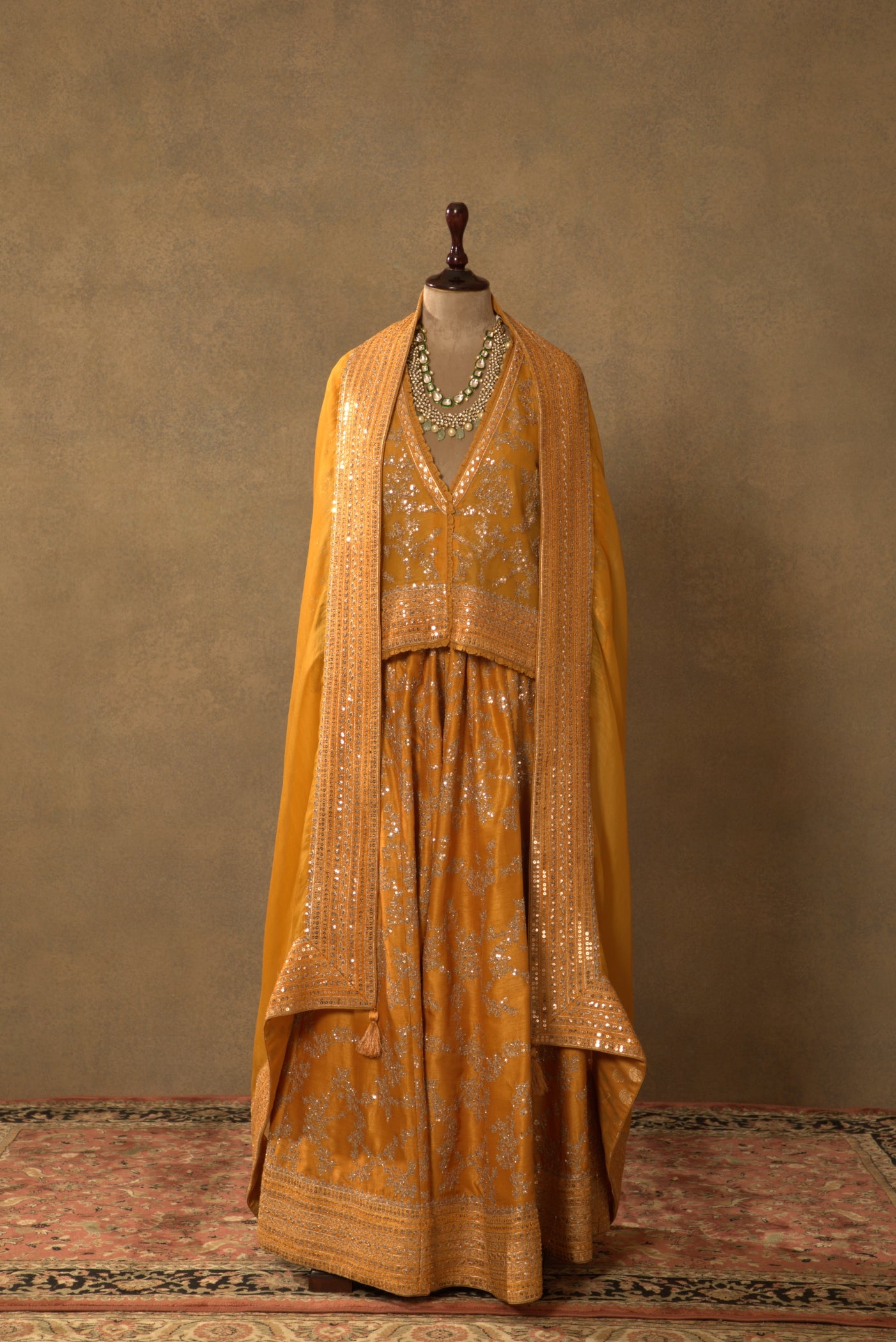 Mustard-Yellow Embroidered Pure Silk- Organza Short-Kurta-Sharara Set